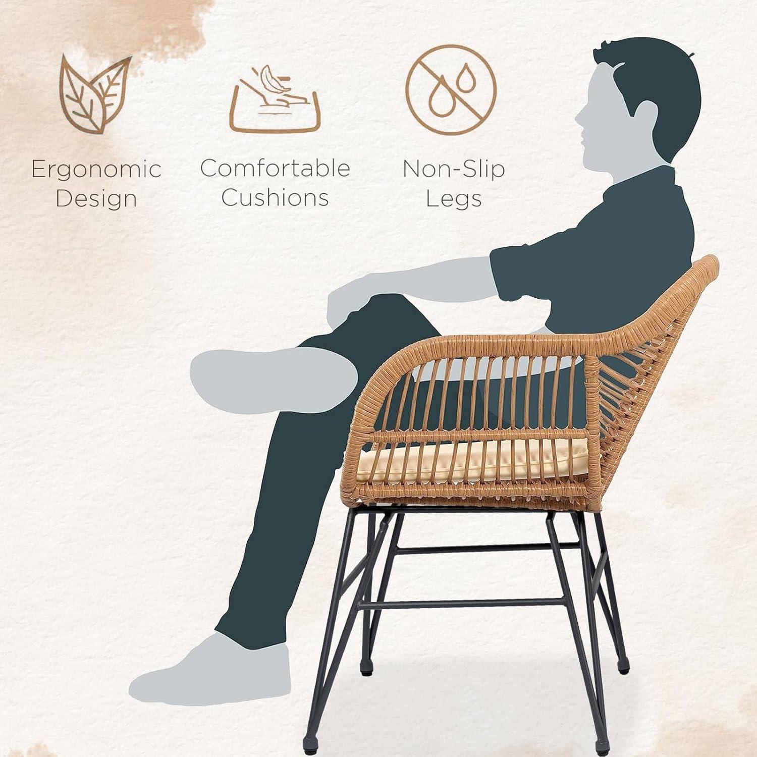 Black Steel and Wicker 3-Piece Patio Bistro Set with Beige Cushions