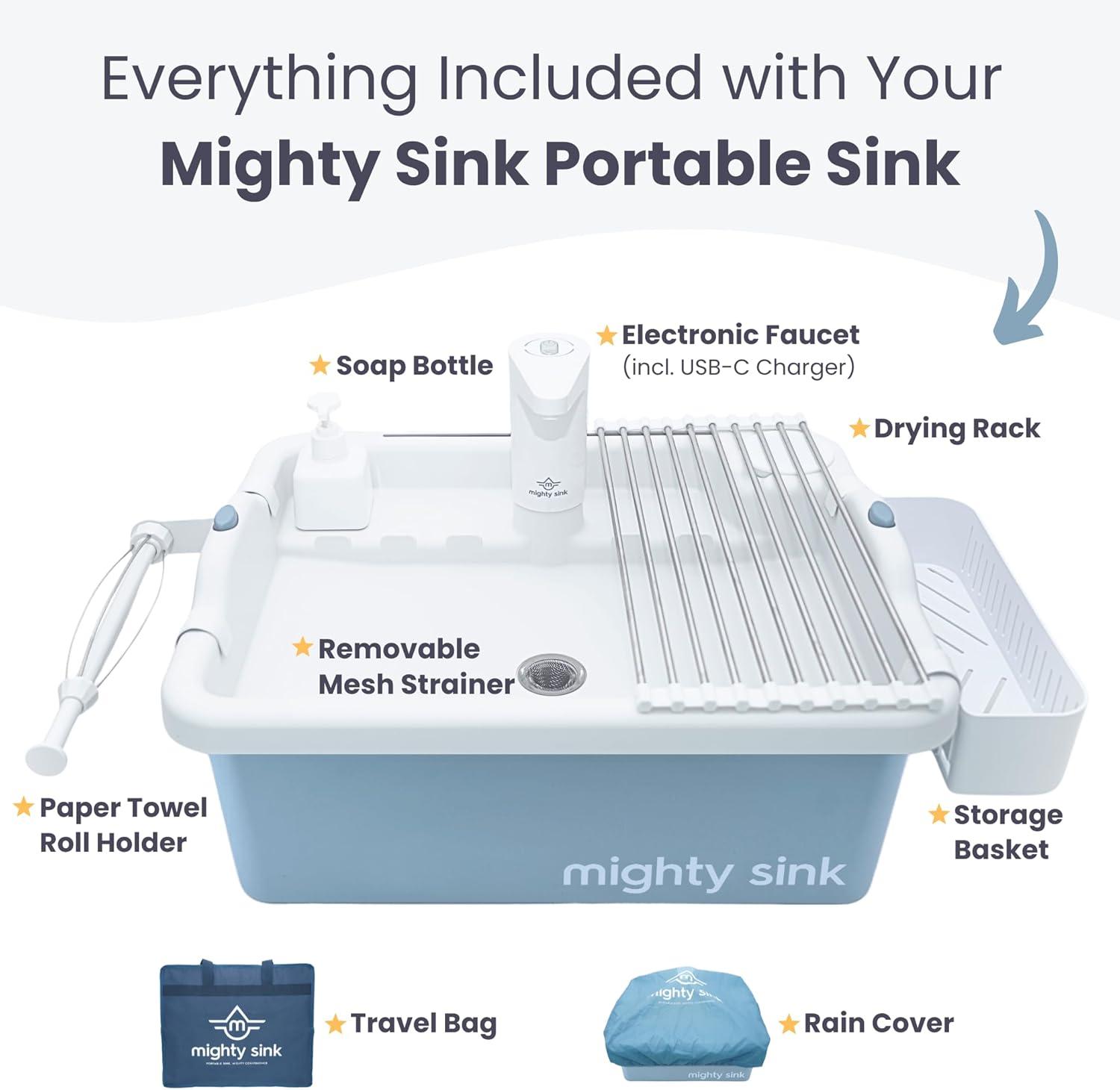 Mighty Sink Portable Sink: Patented Wash Station with Electronic Faucet | 2 Gallons | Easy Setup | Indoor & Outdoor Use | Ideal for Dishwashing, Camping Hygiene, Gardening, Pottery & More