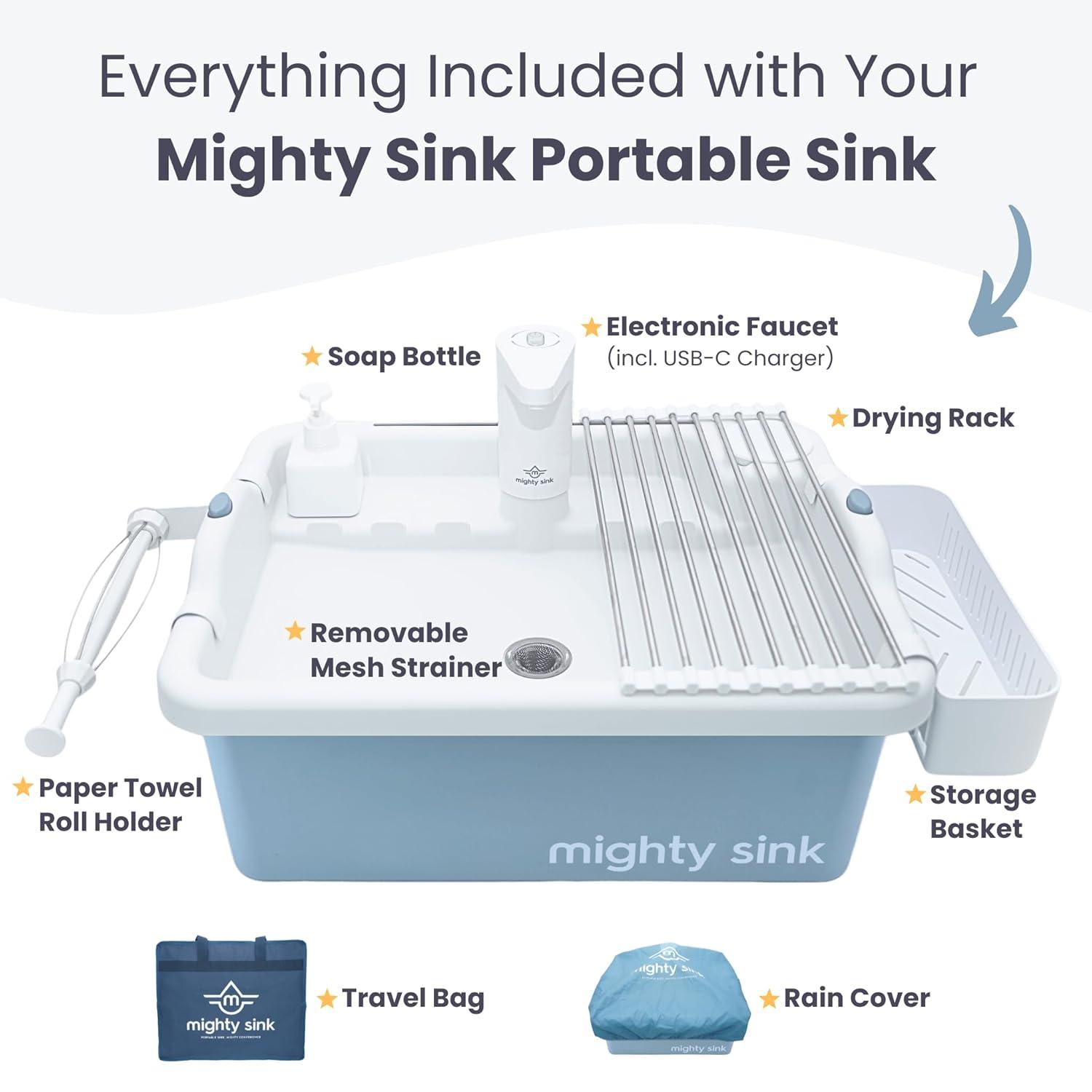 Mighty Sink Portable Sink: Patented Wash Station with Electronic Faucet | 2 Gallons | Easy Setup | Indoor & Outdoor Use | Ideal for Dishwashing, Camping Hygiene, Gardening, Pottery & More