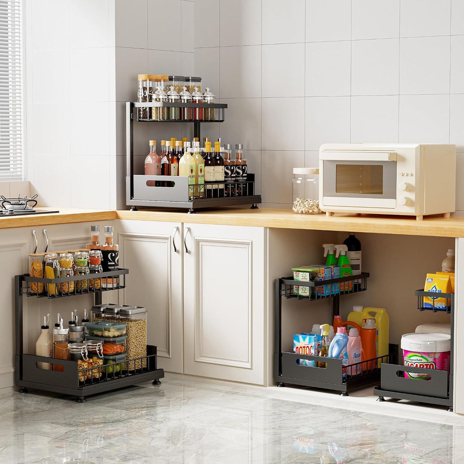 Rebrilliant Under Sink Organizer, 2 Tier Under Sink Organizers And Storage, Metal Slide Out Pull Out Cabinet Organizer ,2 Pack Sliding Drawer Organizer For Kitchen Bathroom Pantry