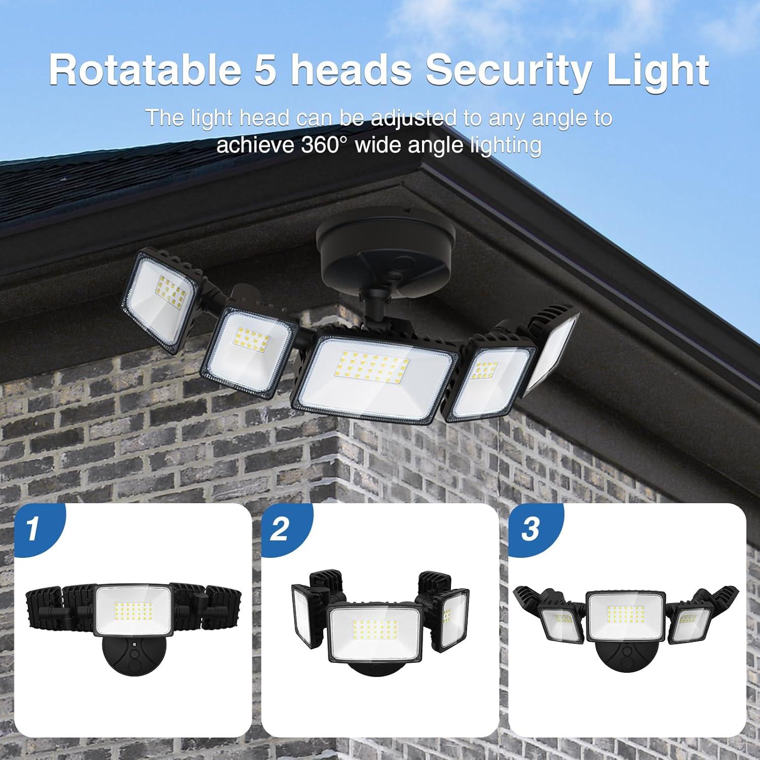 70W LED Flood Lights Outdoor Waterproof IP65, 5 Heads Exterior Security Lights, 6500K Super Bright Floodlight Fixture, Outside Light for House, Backyard