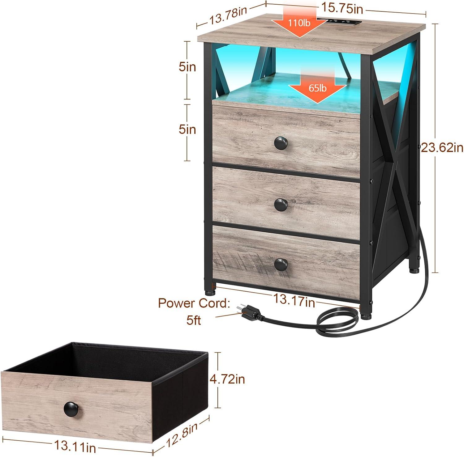 Greige Industrial Nightstand Set with LED and Charging Station