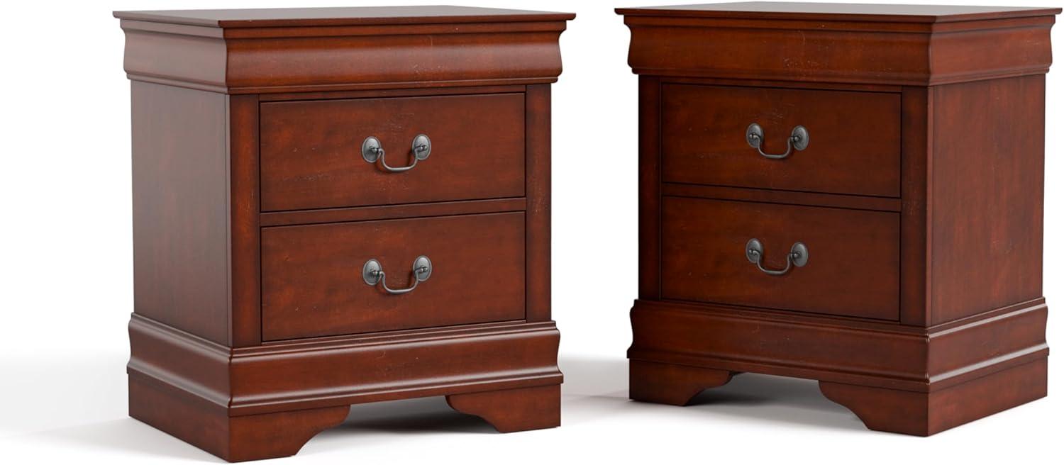 Cherry Wood 2-Drawer Nightstand Set with Antique Handles