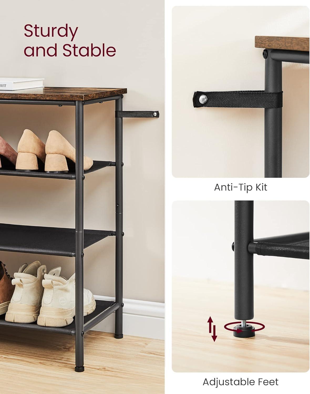 Industrial 4-Tier Black Metal and Fabric Shoe Rack