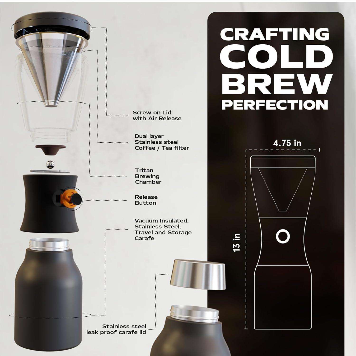 Black Stainless Steel 40oz Portable Cold Brew Coffee Maker
