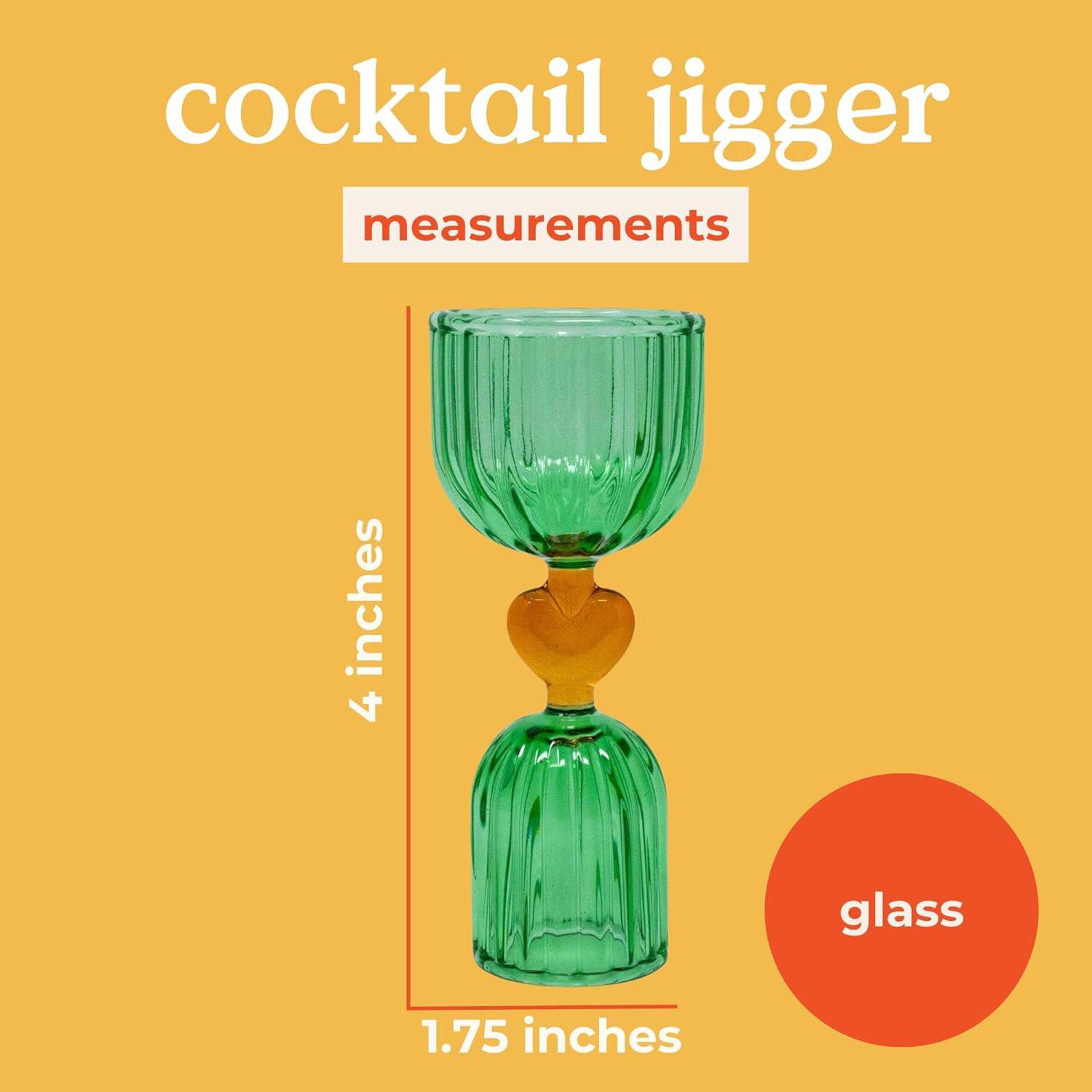 ban.do Cocktail Measuring Jigger, Double Jigger Shot Glass, 1/2 and 1 Shot Measuring Cup, Green Glass Bar Tool (Tipsy Turvy Green)