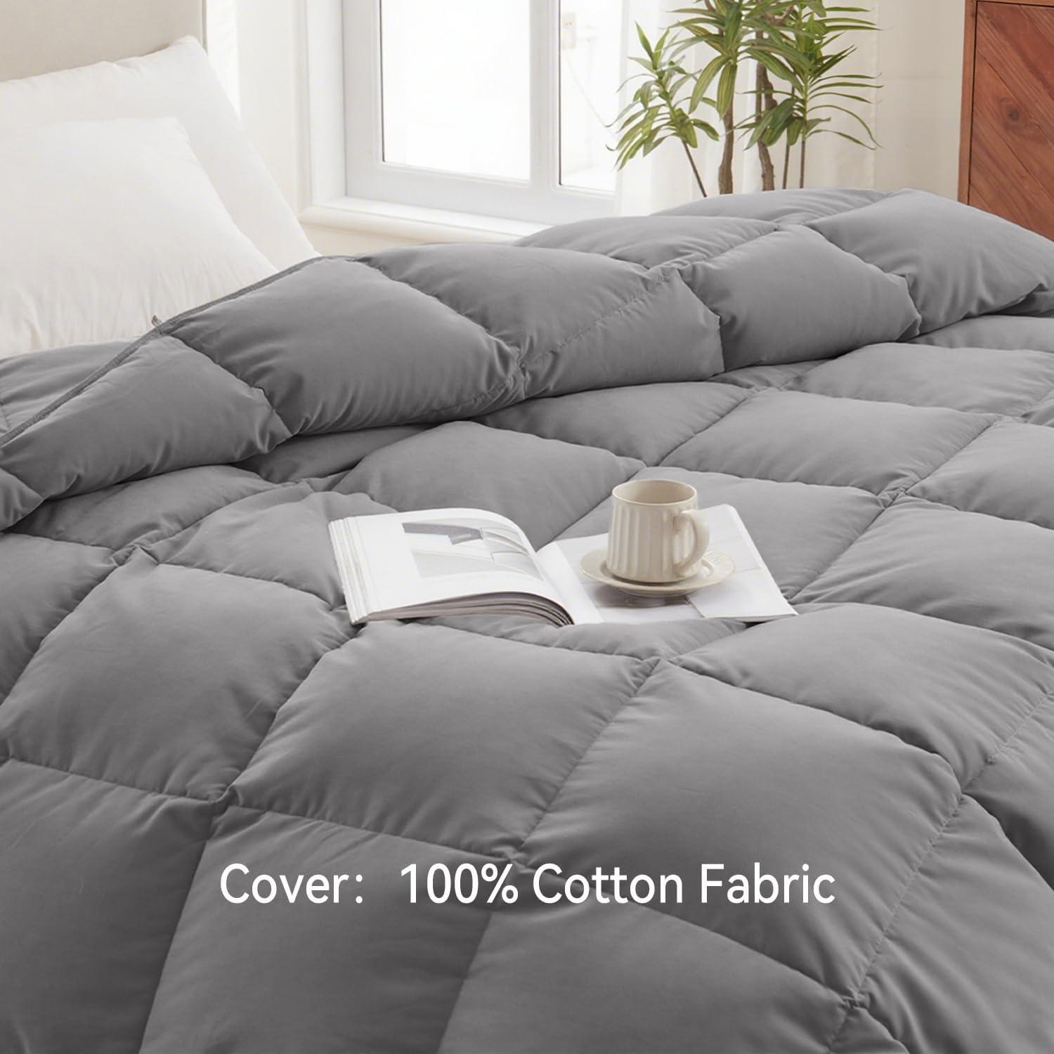 WarmKiss Queen Size Goose Feather Down Comforter – Ultra-Soft 100% Cotton Cover, Moisture-Wicking, Natural Kapok Fill, 46oz Medium Warmth, All-Season Fluffy Duvet Insert (90x90, Grey)
