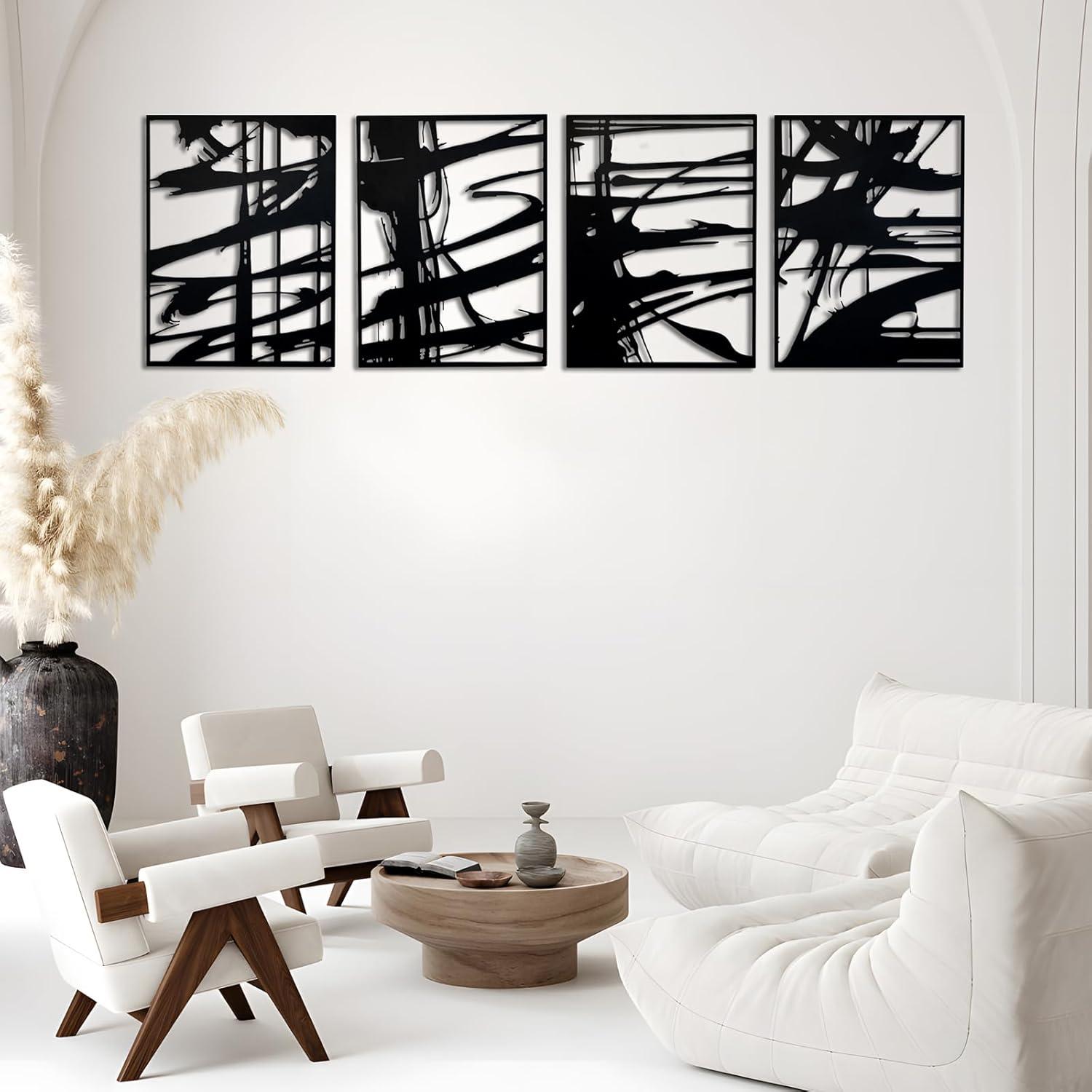 Ivy Bronx 4 Pack Black Abstract Metal Wall Art, Minimalist Décor Single Line Art Wall Décor, 3D Textured Metal Wall Sculptures, For Living Room Bedroom Bathroom Study Room (Black Abstract, M Size 16 X 11'')