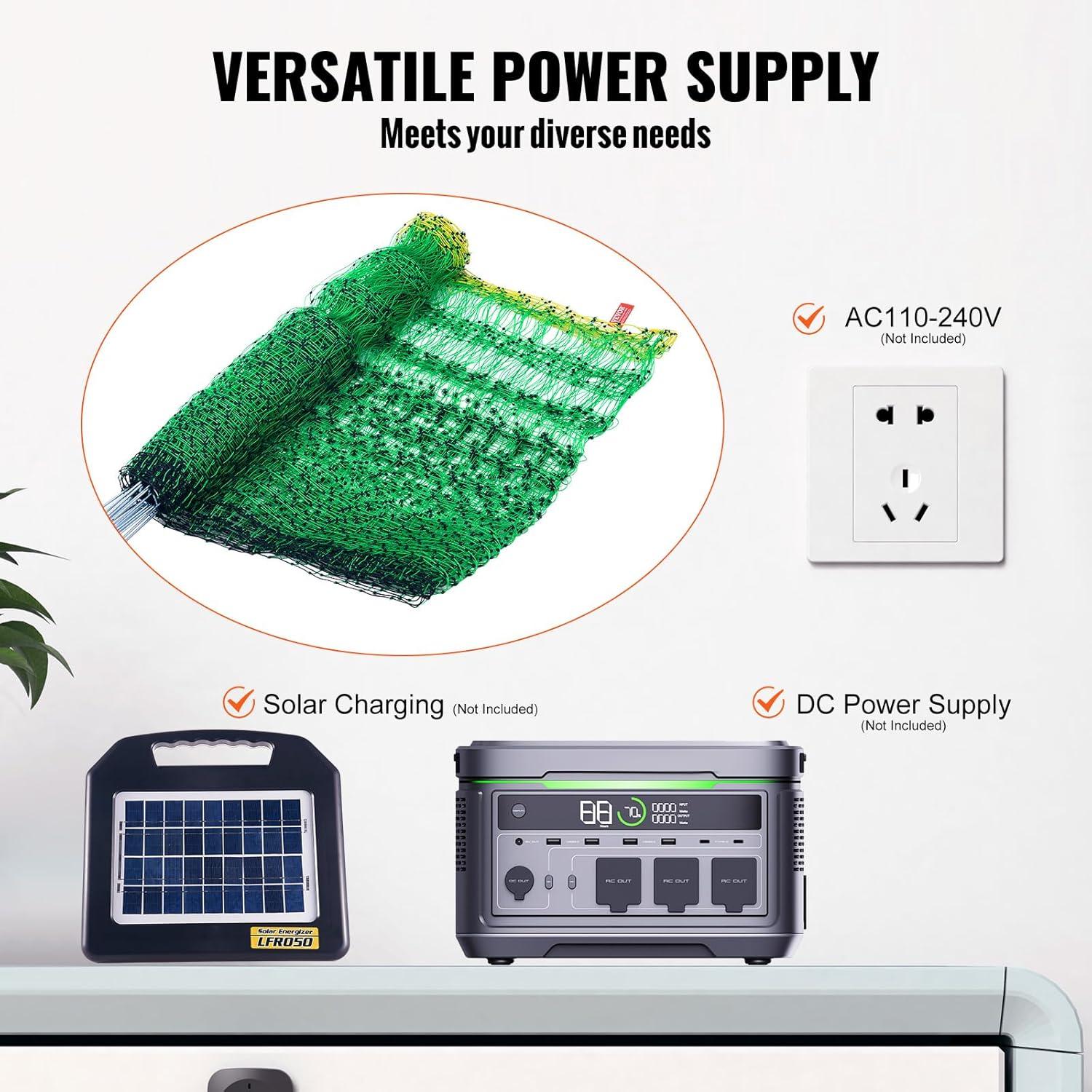 VEVOR Electric Fence Netting, 48" H x 100' L, PE Net Fencing Kit with Posts & Double-Spiked Stakes, Utility Portable Mesh for Chickens, Ducks, Geese, Rabbits, Used in Backyards, Farms, and Ranches