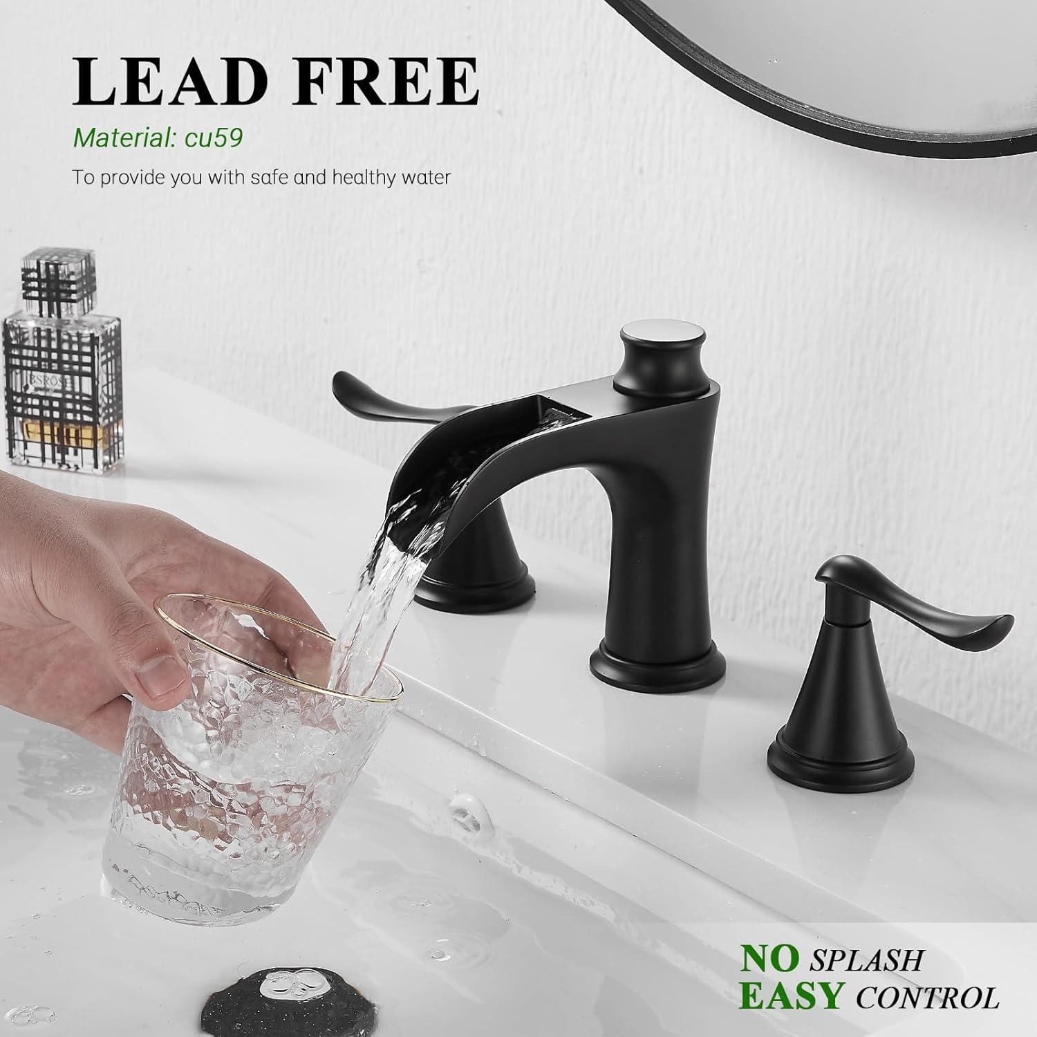 Bathroom Faucet 3 Hole Black, 8 inch Widespread Bathroom Faucet Waterfall Face Basin Faucet for Bathroom Sink, Matte Black (A.Matte Black)