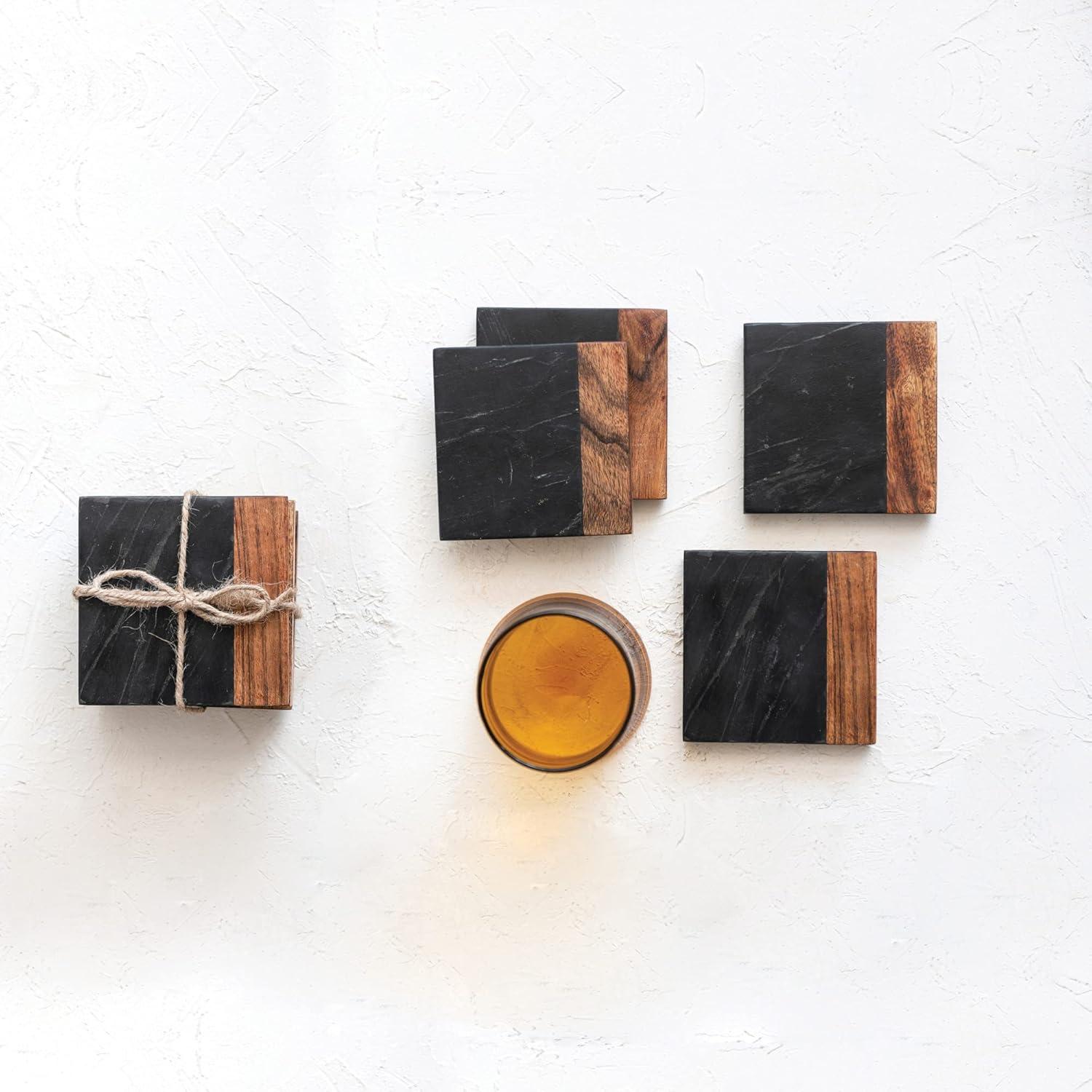 Creative Co-Op Marble and Acacia Wood 2-Tone Coasters, Black and Natural, Set of 4