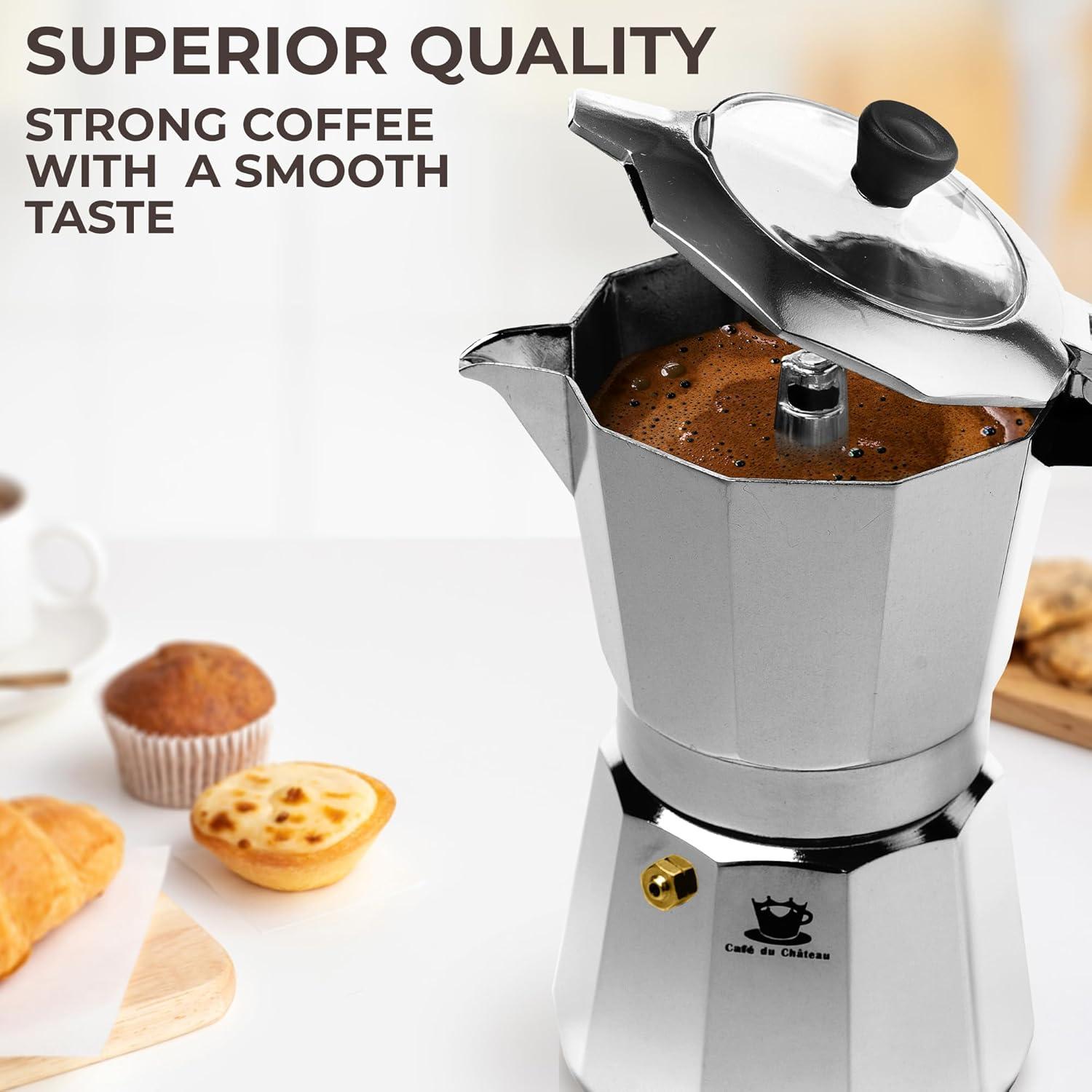 Espresso Maker by Cafe Du Chateau (313.5ml) Transparent Top Lid, High Gloss Finish, Free Coffee Clip Spoon, Coffee Percolator