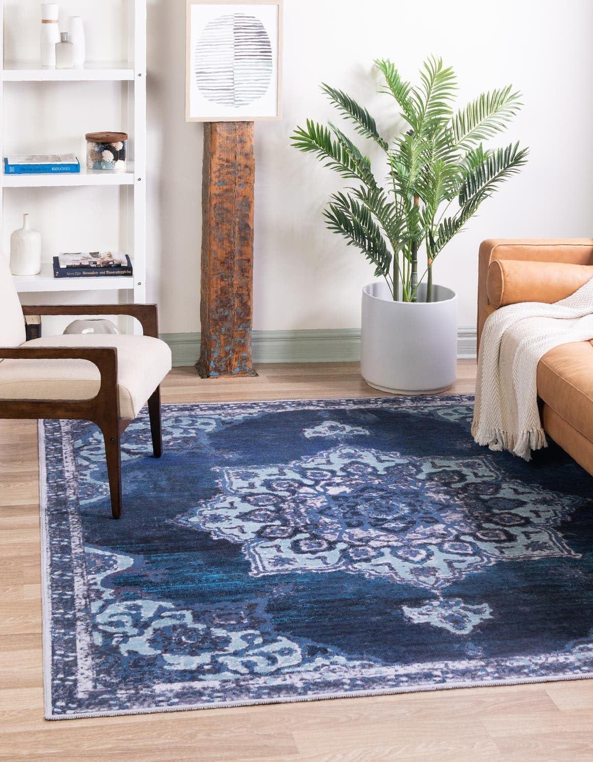 Navy Blue Medallion Synthetic Washable Square Rug