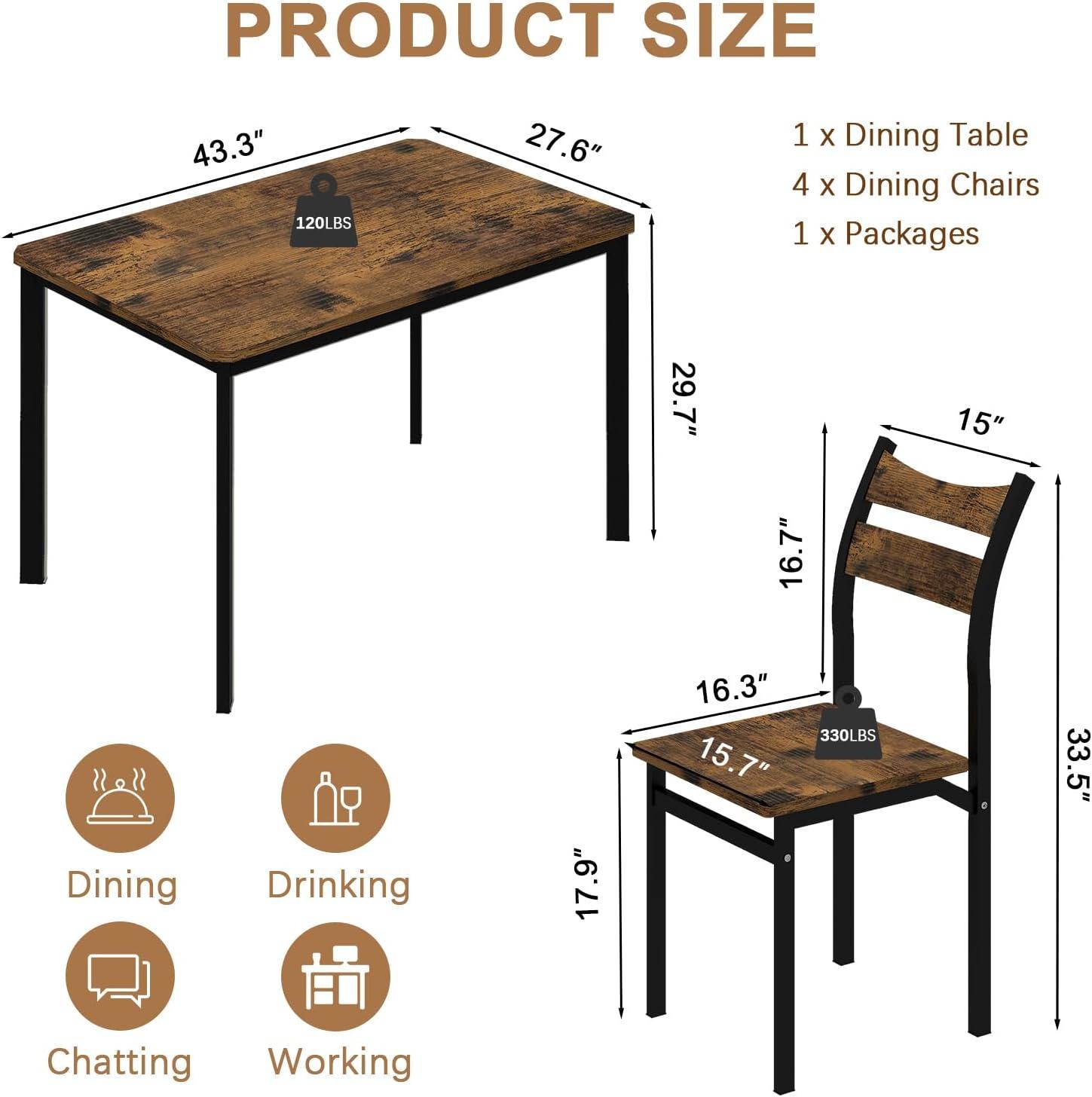 5-Piece Dining Room Table Set, Compact Wooden Kitchen Table and 4 Chairs with Metal Legs Dinette Sets, Industrial Style Kitchen Table and Chairs for Dining Room & Small Space