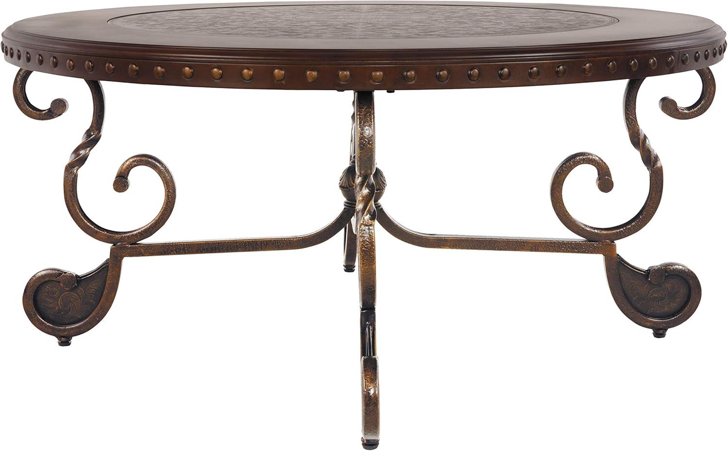 Signature Design by Ashley Rafferty Ornate Round Coffee Tabe with Decorative Metal Detail, Dark Brown