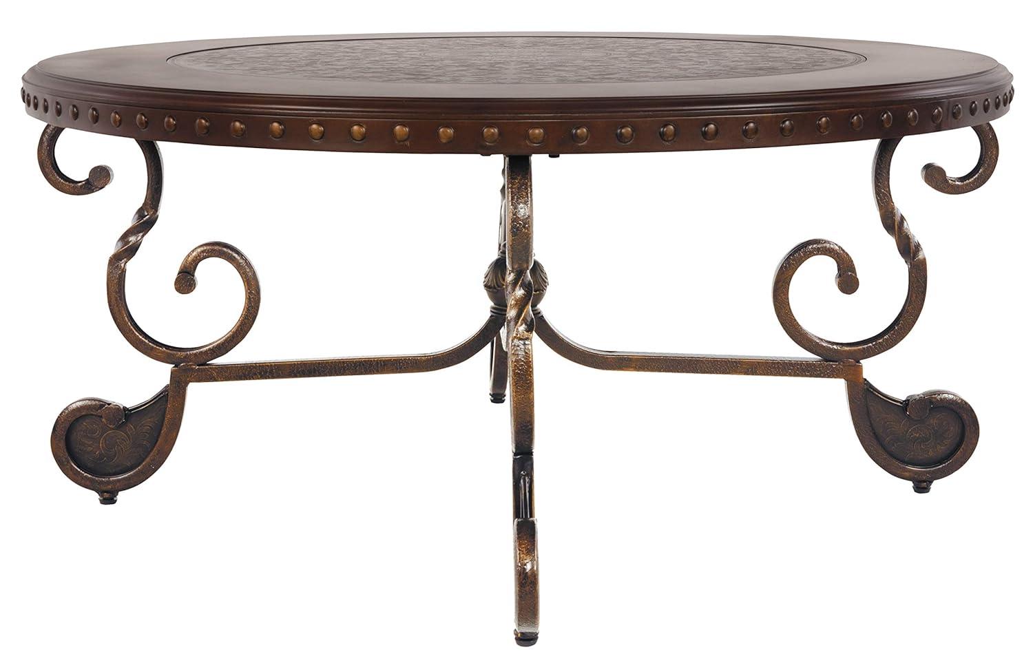 Signature Design by Ashley Rafferty Ornate Round Coffee Tabe with Decorative Metal Detail, Dark Brown