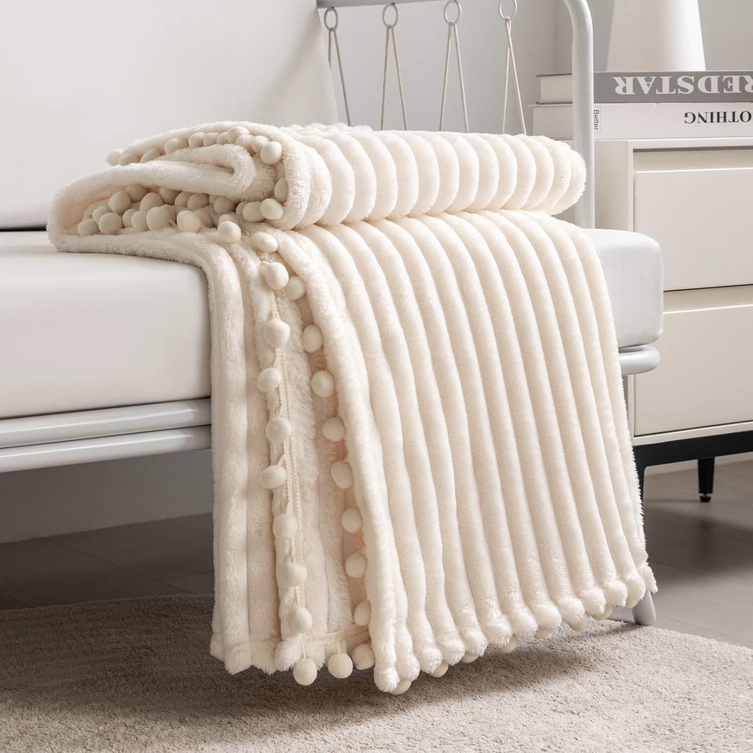 Beige Pompom Fringe Fleece Throw Blanket 51x63