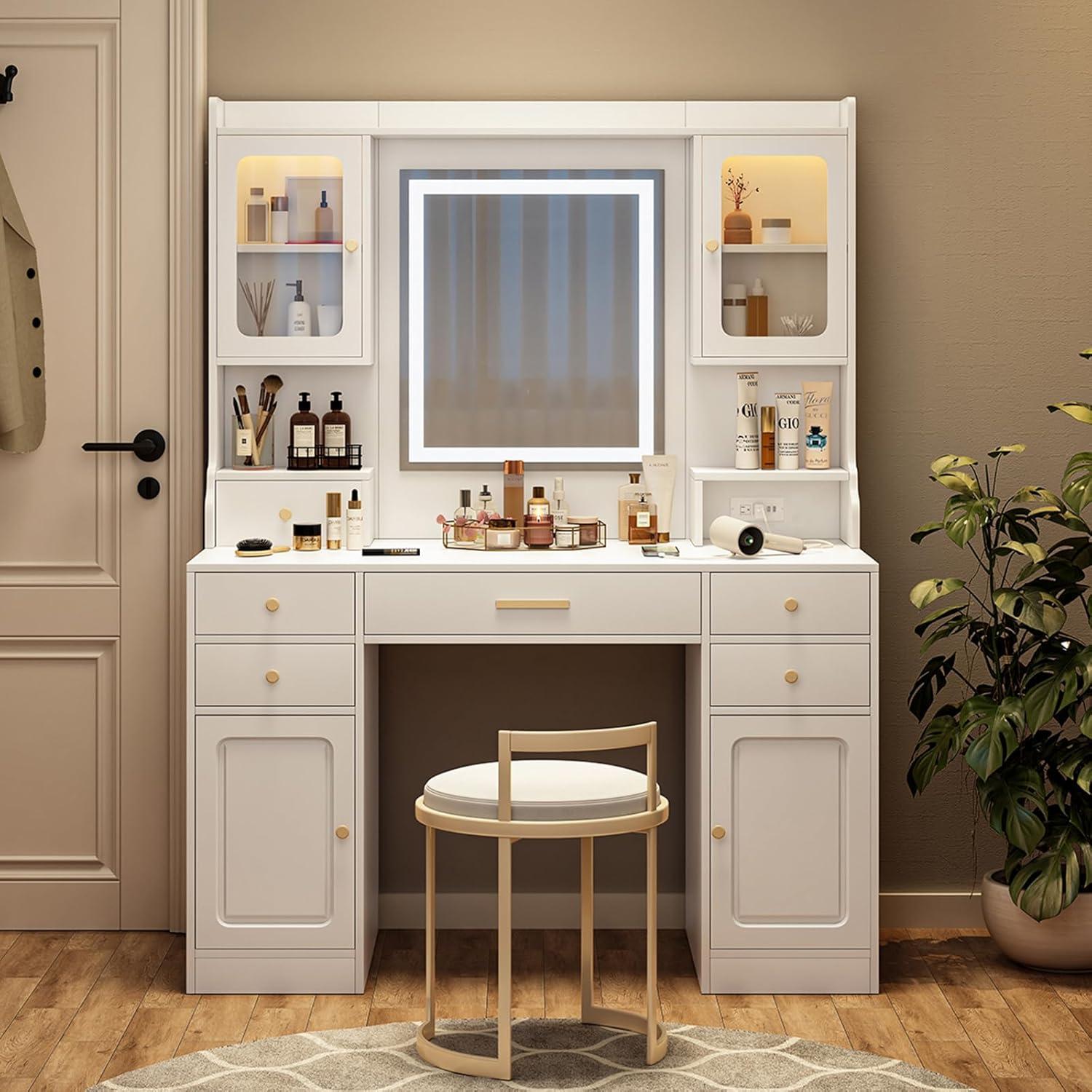 MONTARY Makeup Vanity Desk with Mirror and Lights, Dressing Table , White Vanity Table Set with 6 Drawers & Shelves & 4 Cabinets, 3 LED Lighting Modes Brightness Adjustable