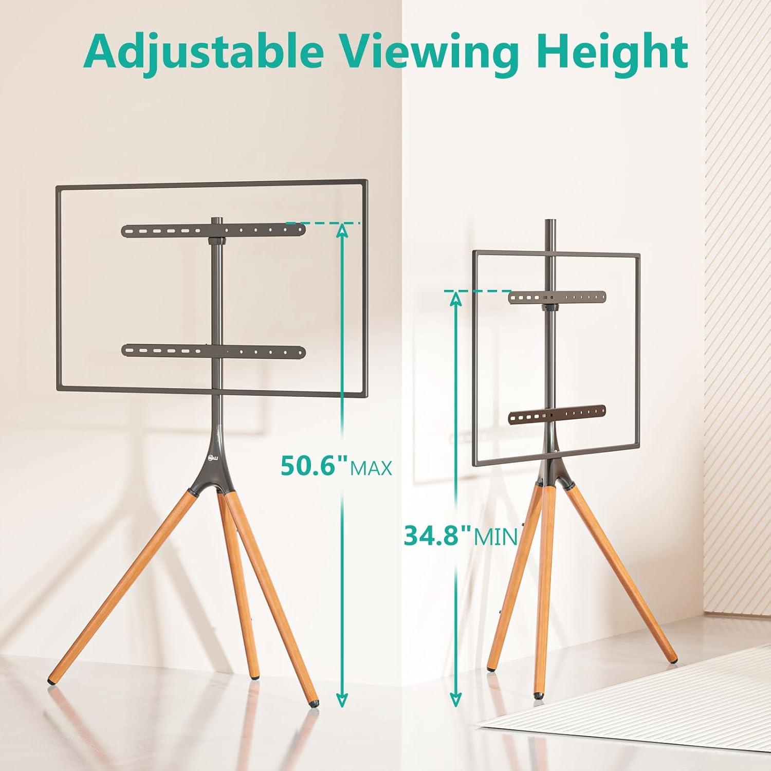 WALI Tripod TV Stand, Modern Easel TV Stand for 45 to 65 inch Screens, Portable TV Floor Stand with Beech Wood Legs Stand, Height Adjustable Corner TV Mount for Home, Studio,Office (TFS001XL), Black