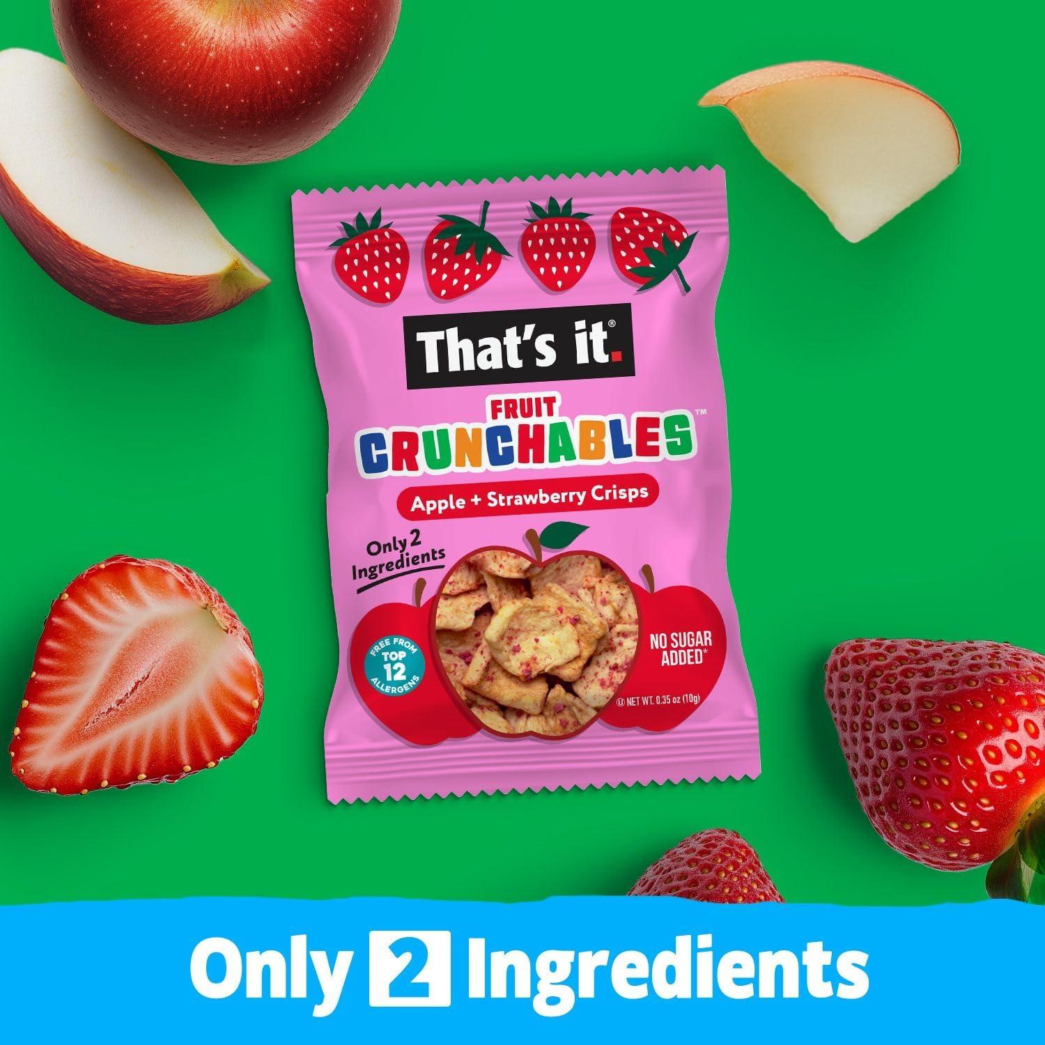 That’s it. Fruit Crunchables Apple + Strawberry Crisps, 15-Pack – 100% Real Fruit Snacks for Kids, Plant-Based, Non-GMO, Gluten-Free, No Sugar Added, Allergen-Free, Healthy Lunchbox Snack