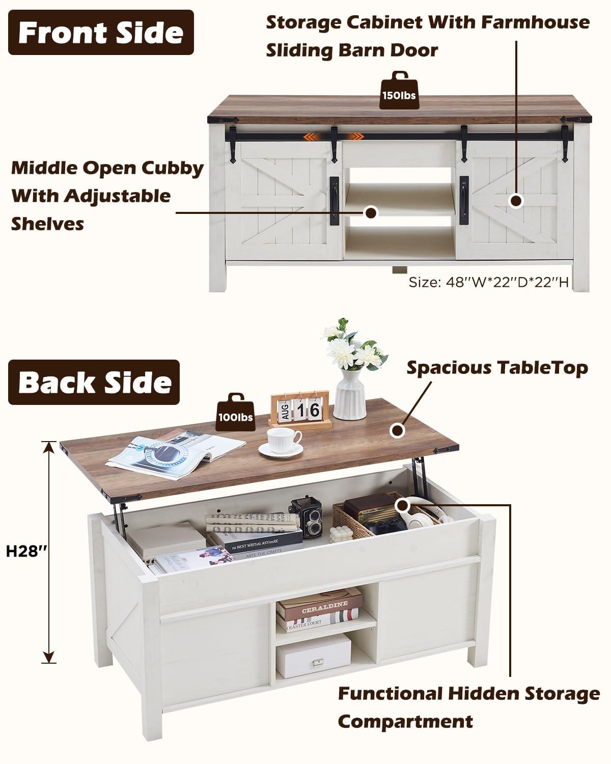 OKD 48" Farmhouse Lift Top Coffee Table with Sliding Barn Door & Adjustable Shelf, Antique White