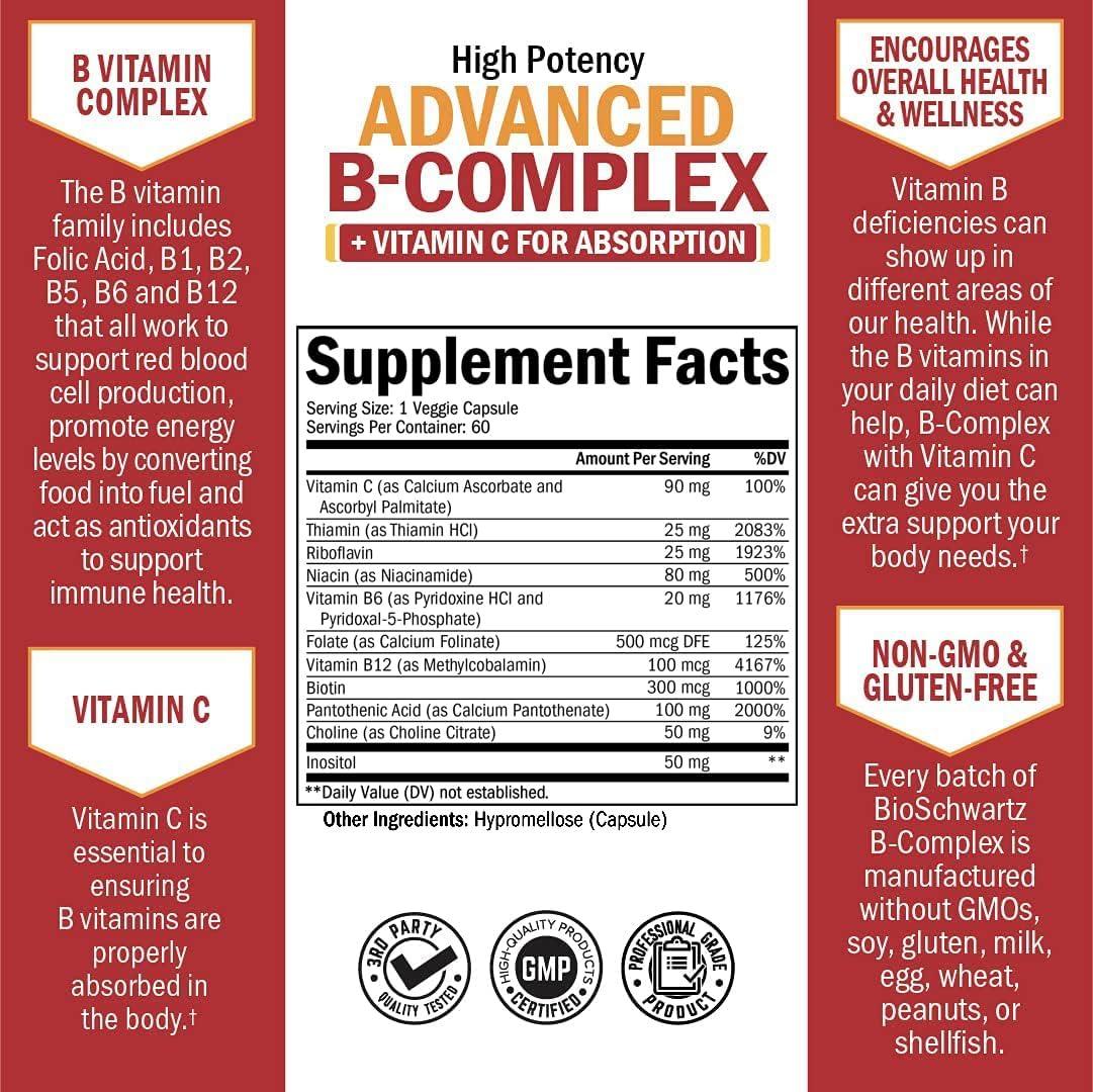 Advanced B-Complex Capsules, Low Carb & Vegan Diet Support, Bioschwartz, 60ct