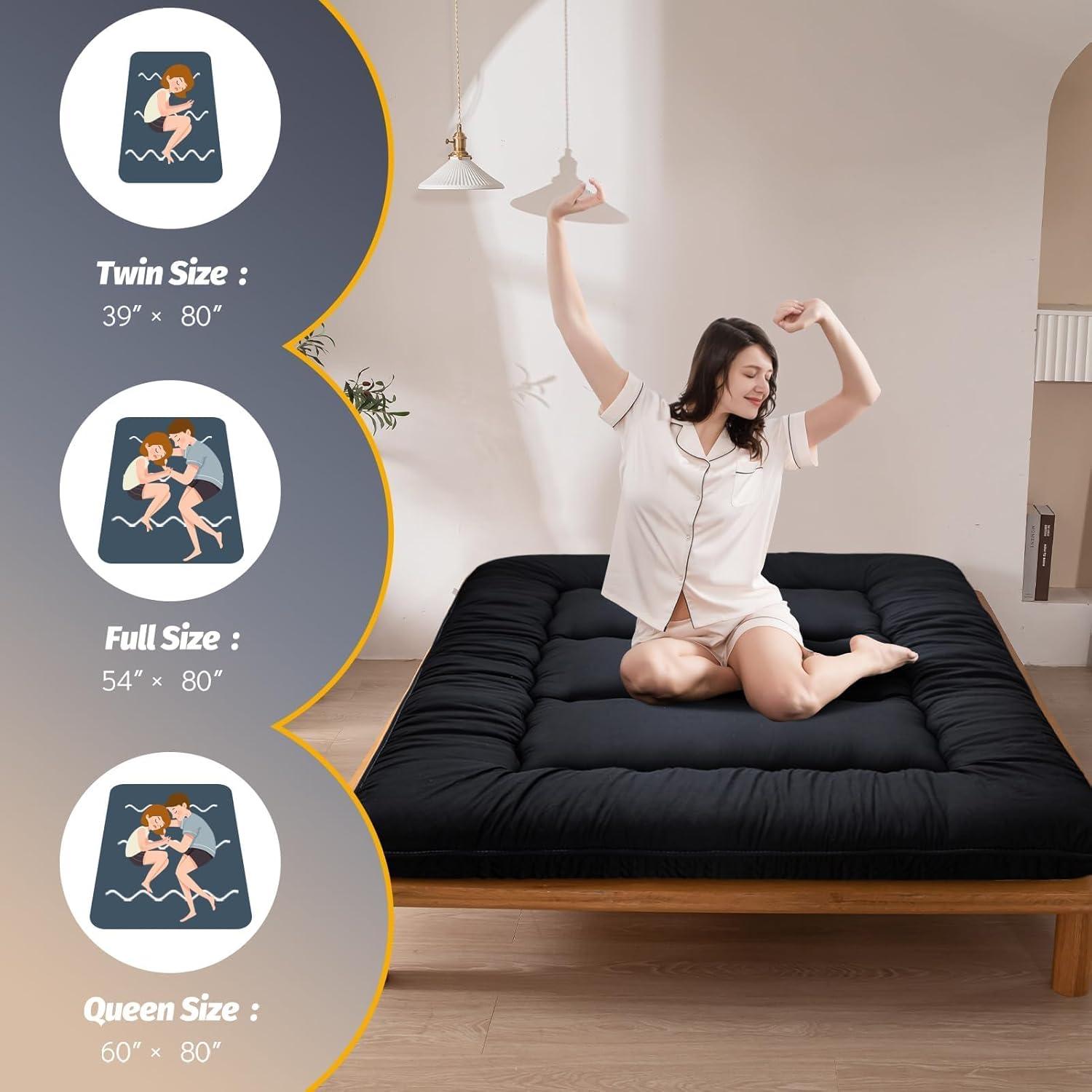 MAXYOYO 6" Thick Japanese Floor Mattress Futon Mattress, Foldable Tatami Pad for Adults, Roll Up Floor Bed for Guest Room Bedroom RV, Black, Twin