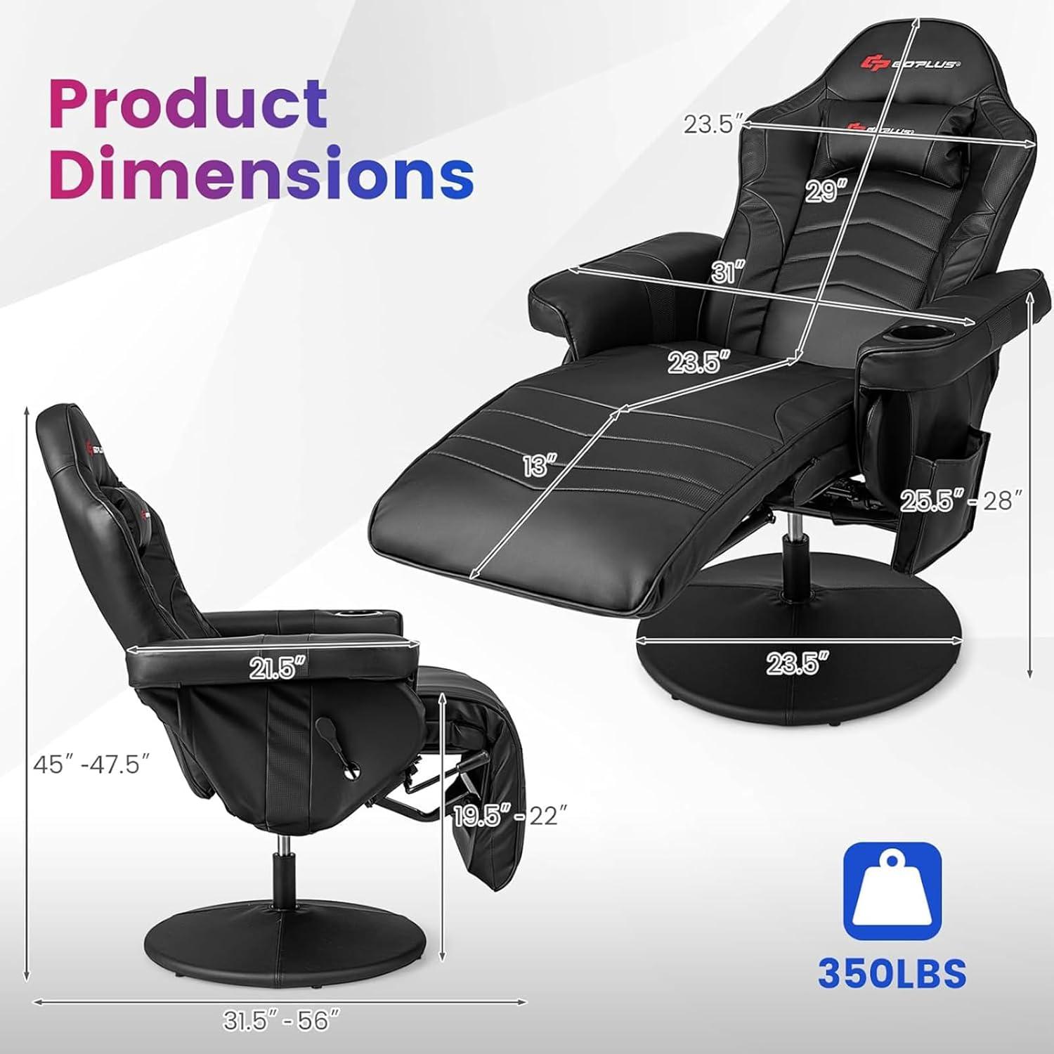 POWERSTONE Gaming Recliner Massage Gaming Chair with Footrest Ergonomic PU Leather Single Sofa with Cup Holder Headrest and Side Pouch, Adjustable Living Room Chair Seating, Black