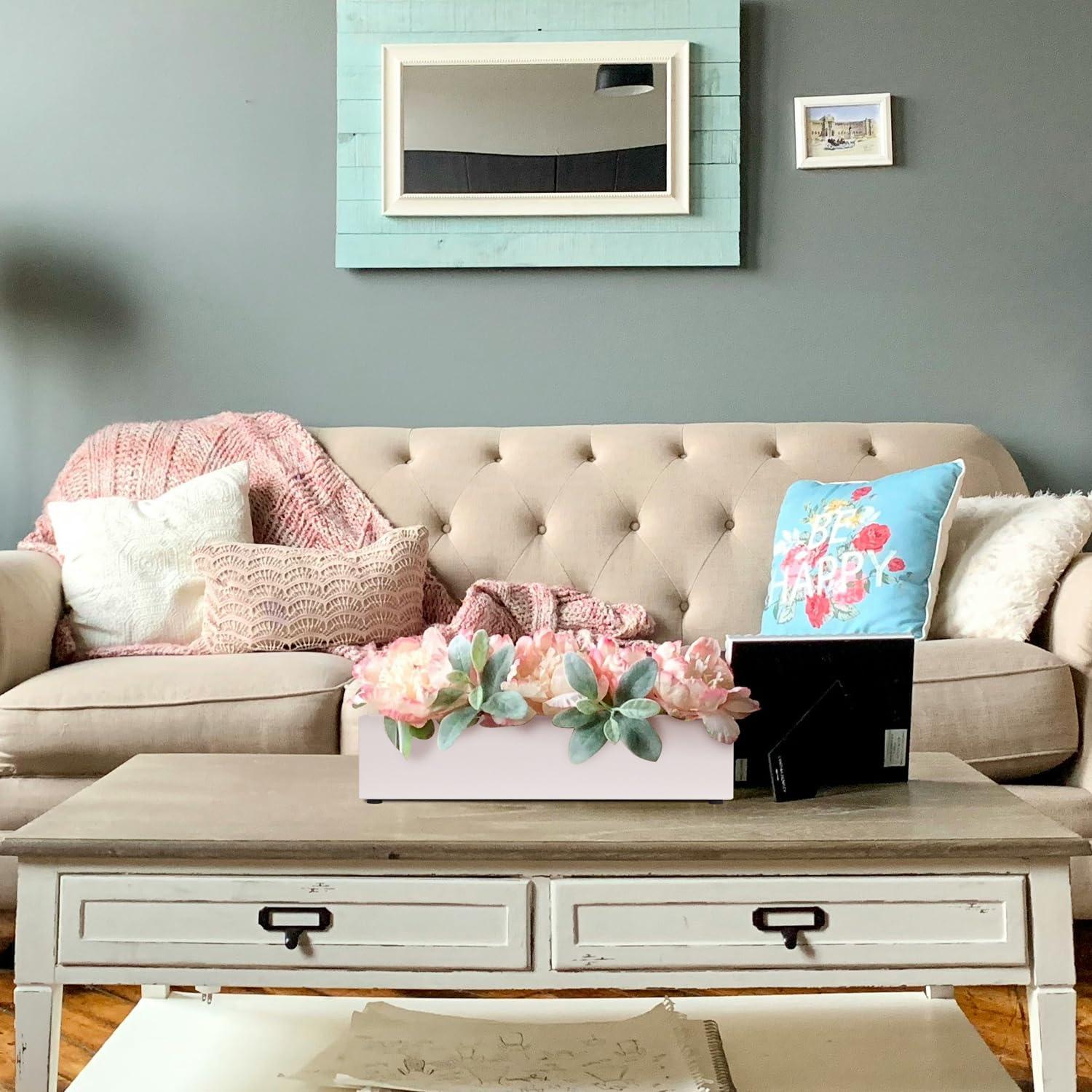 16" Window Box Rectangular Succulent Planting Box Metal Table Sill Planter Pots Modern Long Durable for Small Herb with Drainage Hole for Indoor Outdoor, with 4 Free Rubber Mats, White