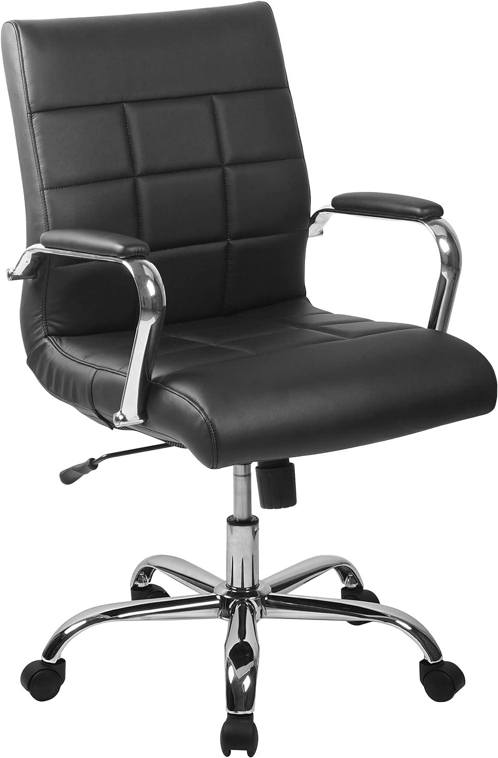 Contemporary Mid-Back Black Vinyl Swivel Executive Chair with Chrome Base