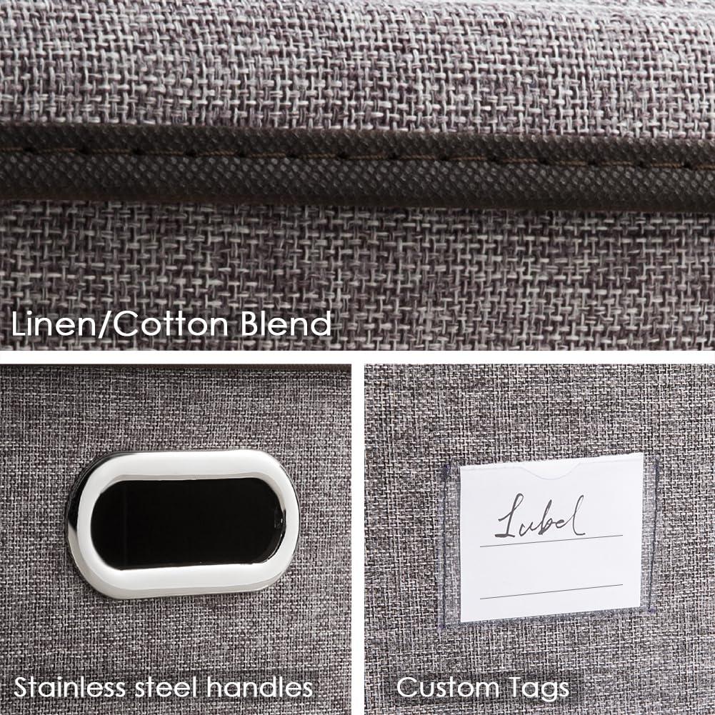 3 Pack Collapsible storage bins with lid. Foldable Storage bins for shelves, closet, office bedroom, or nursery. Containers made with linen fabric and stainless steel handles for organizing.
