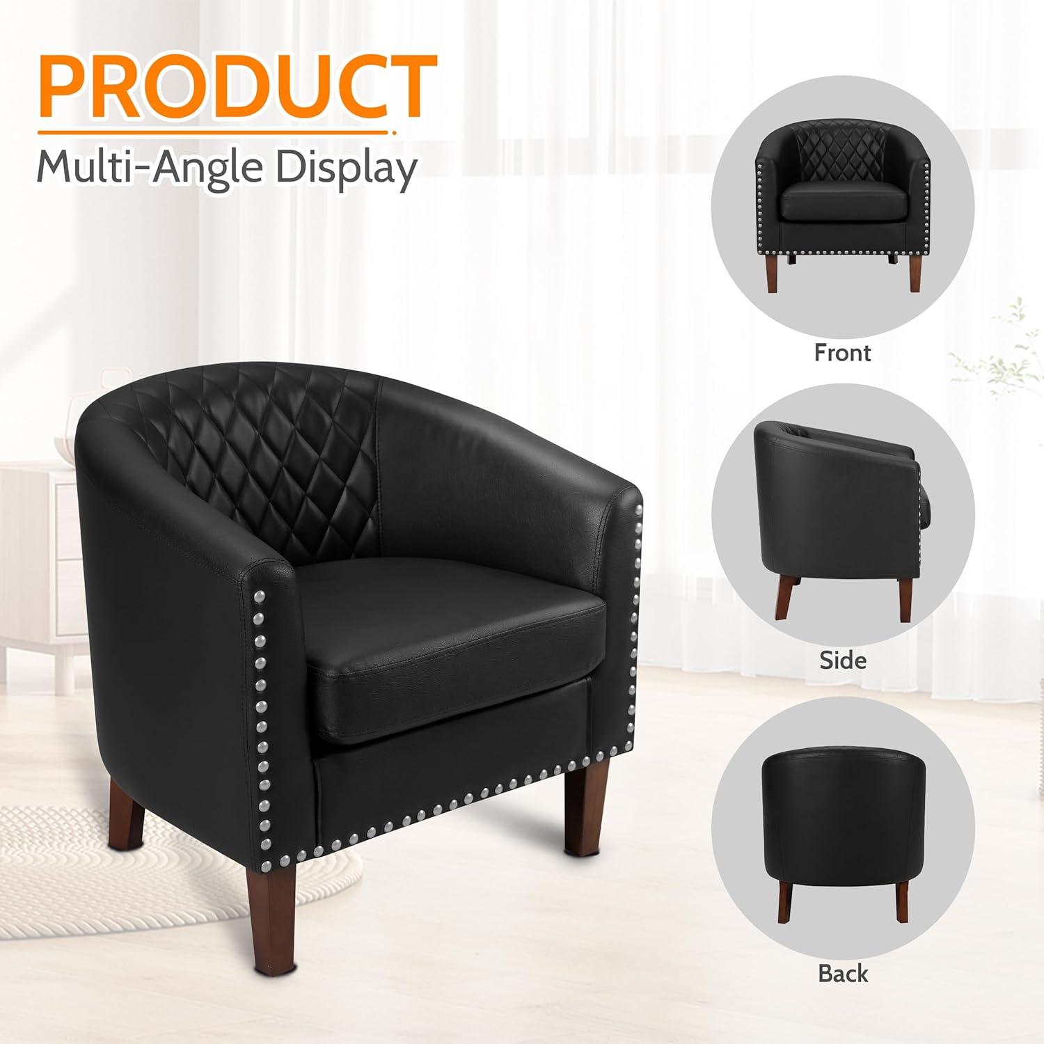 Black Faux Leather Barrel Chair Set with Nailhead Trim