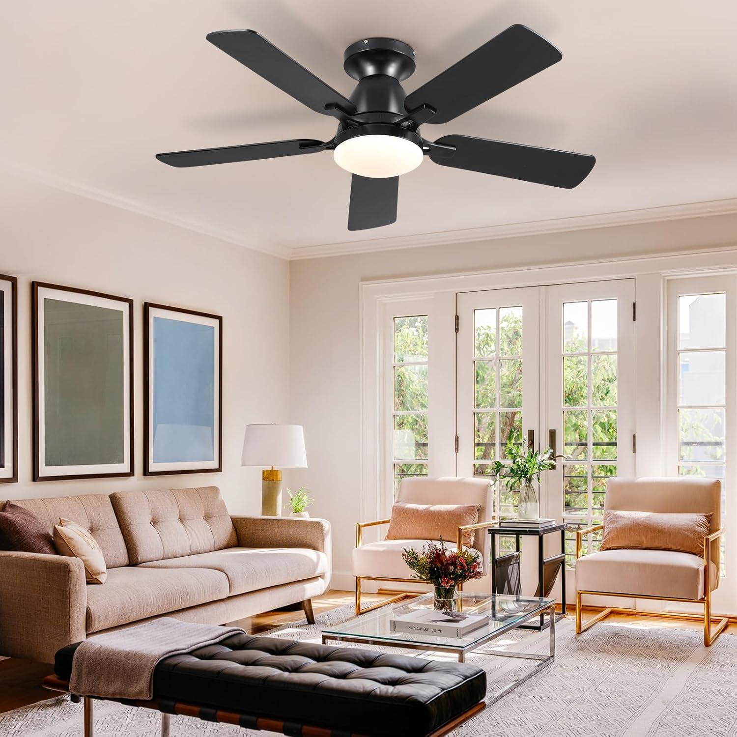 46" Low Profile Indoor Ceiling Fan with Light and Remote/APP Control, Flush Mount, LED Dimmable DC Reversible Modern Ceiling Fan for Bedroom - Black