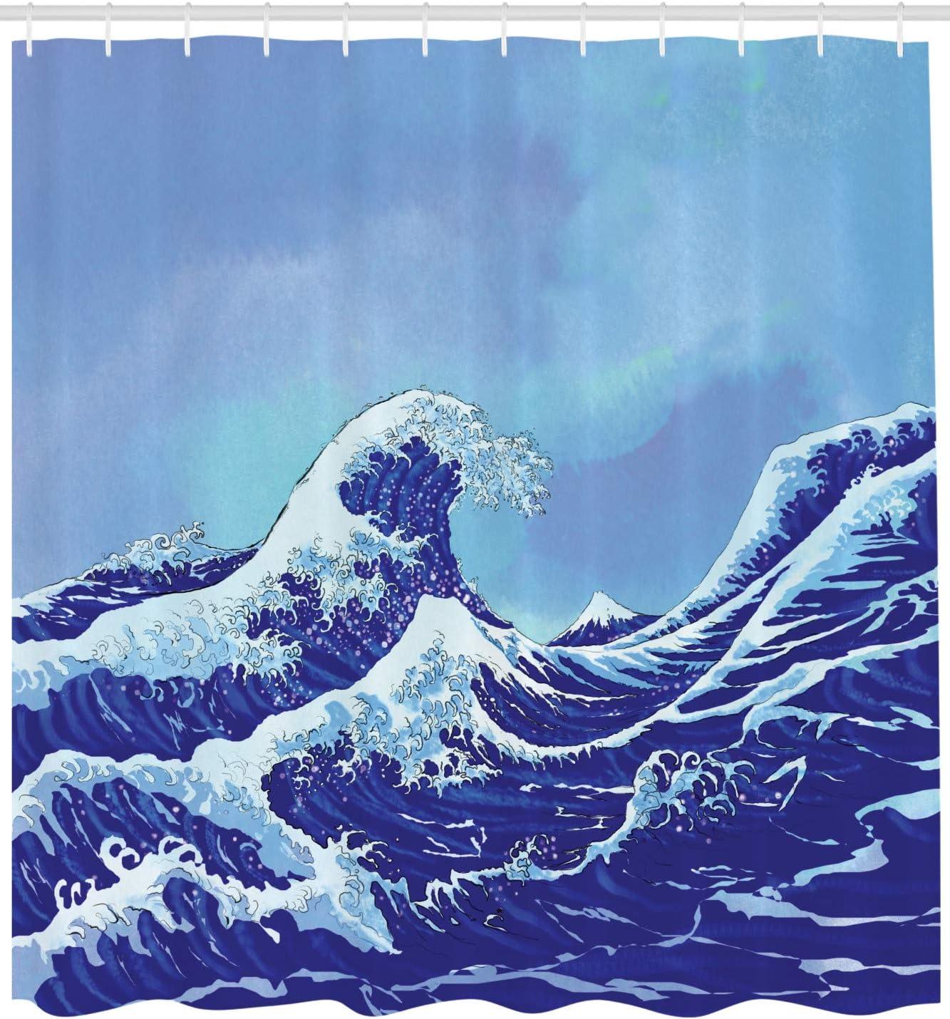 Ambesonne Blue Shower Curtain, Big Tsunami Ocean Nature, 69"Wx75"L, Pale Blue Royal Blue