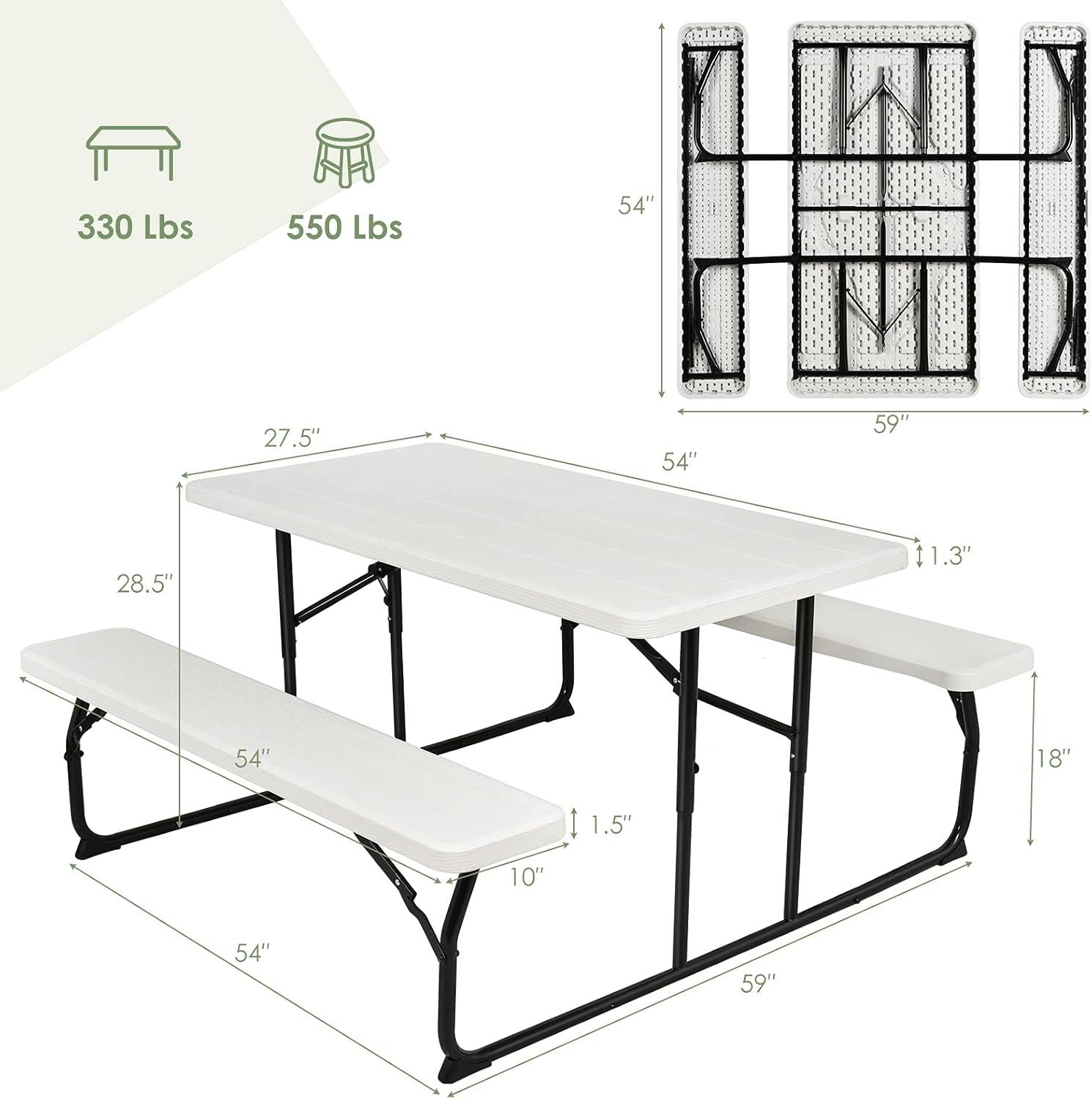 White Plastic Folding Picnic Table Bench Set with Wood-Like Texture