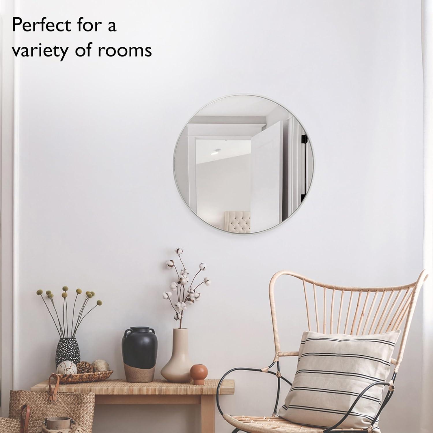 Kenna Round Wall Accent Mirror – 24-Inch, Modern Metal Framed – Living Room, Bedroom, Bathroom Vanity Mirror – Silver – Design House, 587188-SLV