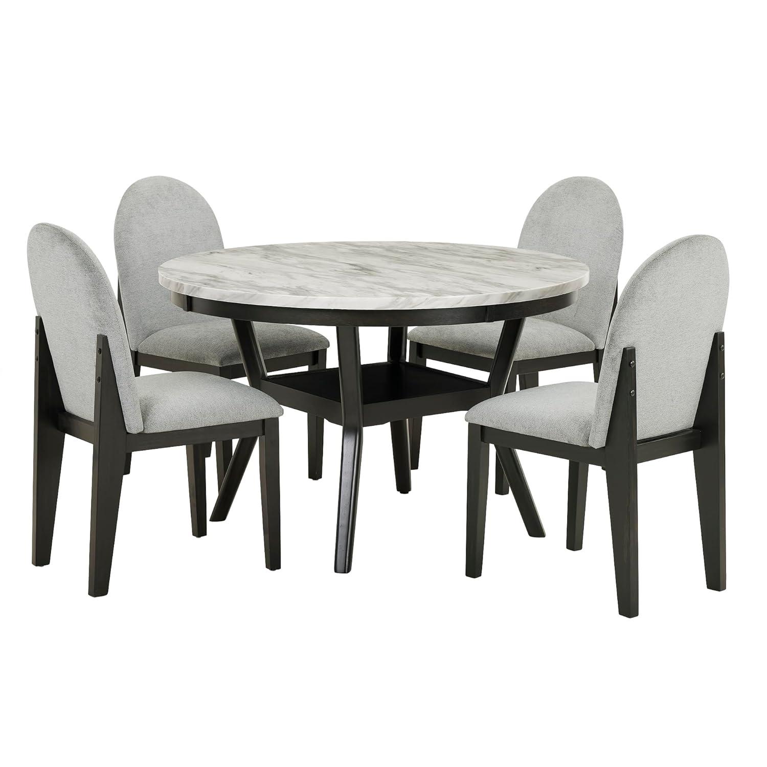 Linique 5 Piece Dining Table Set for 4, Kitchen Table and Chairs for 4, Round Dining Table with 4 Upholstered Chairs and Storage for Dining Room Small Spaces, Black + White