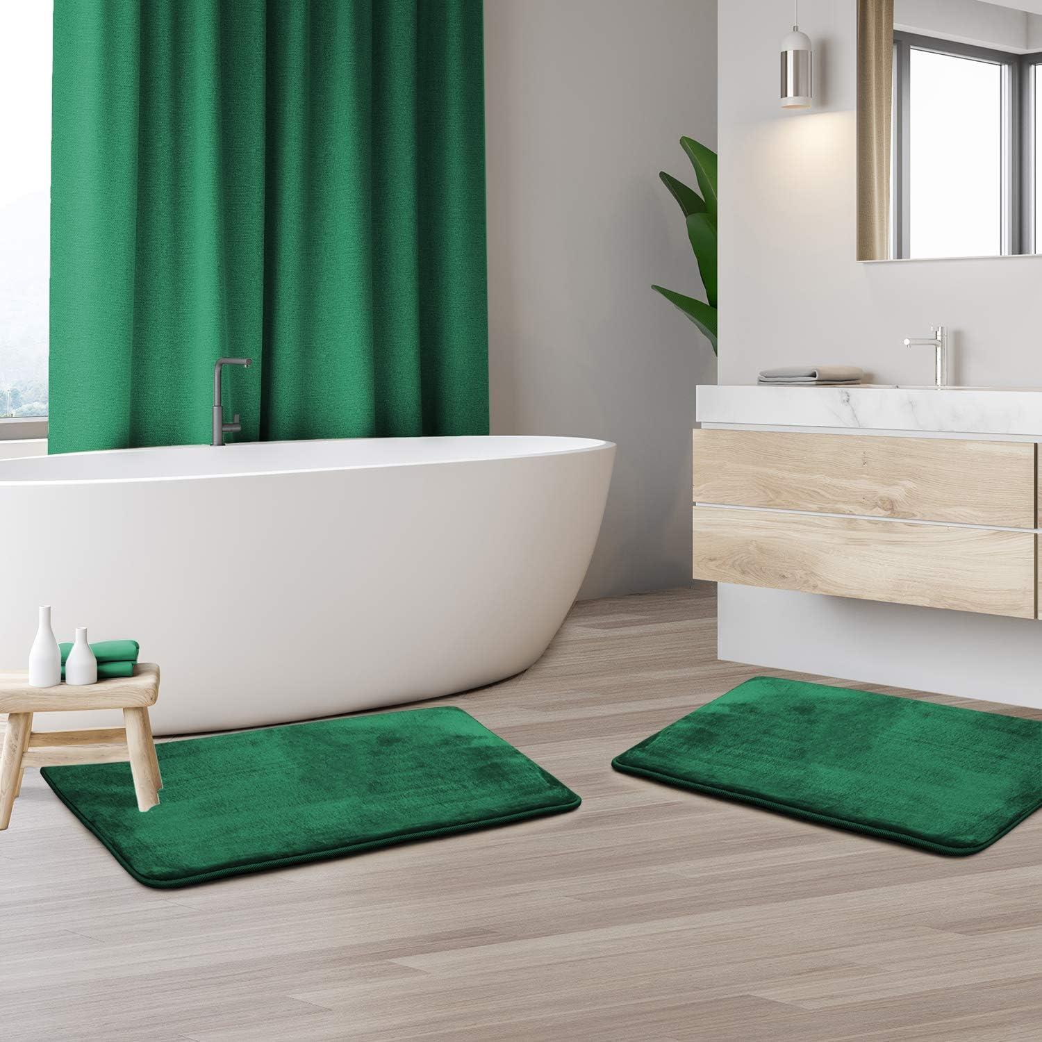 Hunter Green Velvet Memory Foam Non-Slip Bath Rug Set