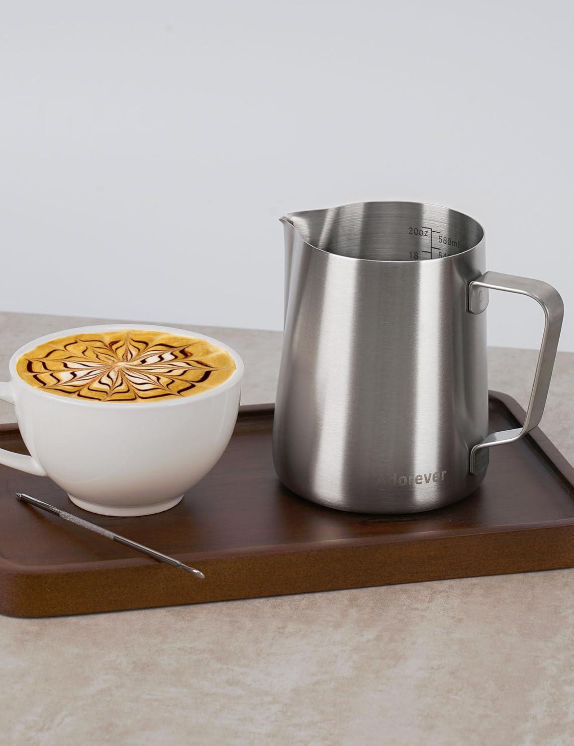 Milk Frothing Pitcher, 20oz Stainless Steel Milk Frother Cup Steaming Pitcher, Coffee Bar Cappuccino Espresso Machine Accessories Barista Tools, Metal Pitcher Milk Jug with Decorating Latte Art Pen