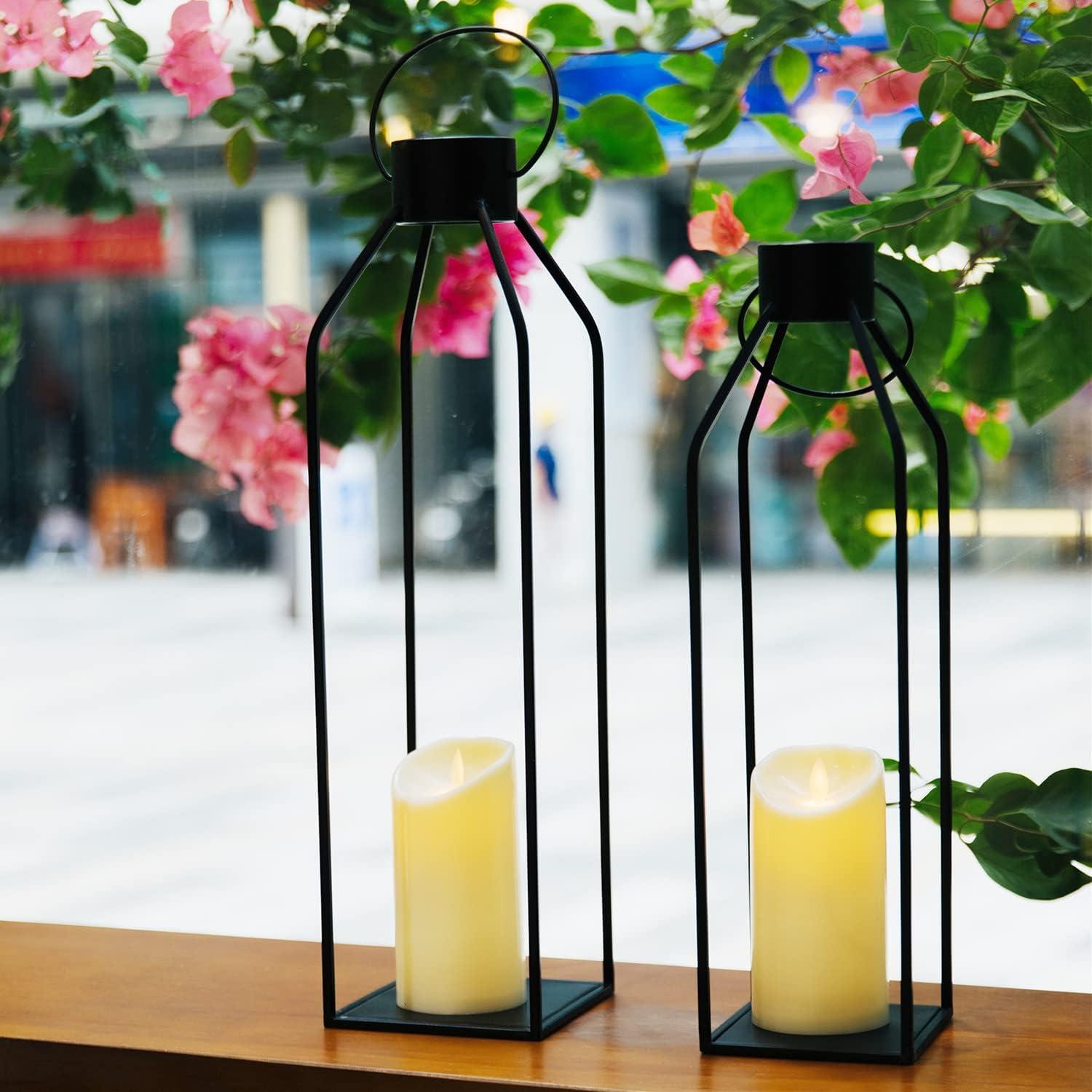 HPC Decor 22'' 19'' Lanterns Decorative w/ Flickering Timer Candles- Large Tall Black Metal Candle Lanterns Set of 2- Modern Farmhouse Decor for Indoor,Outdoor,Tabletop,Porch (No Glass)