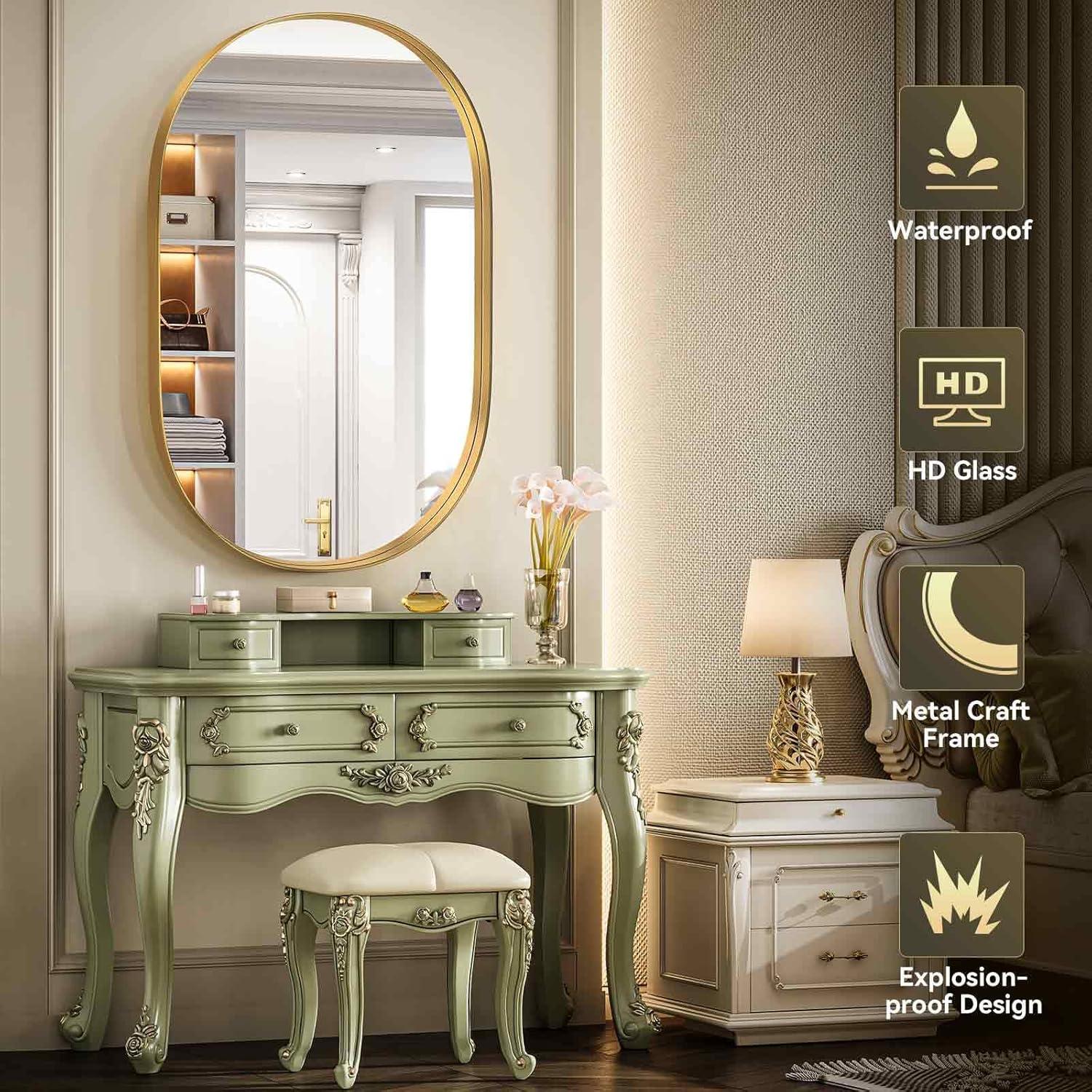 Brightify Gold Oval Mirror for Bathroom 24x36 Inch, Oval Vanity Mirror Gold Metal Frame, Modern Wall Mirror for Bedroom Living Room Farmhouse Fireplace Entryway, Hangs Horizontal or Vertical