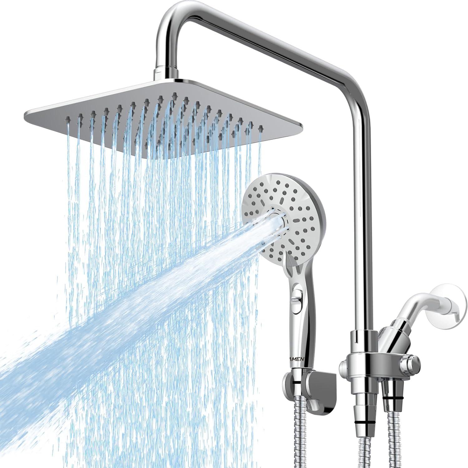8" Dual Shower Head Combo, Rainfall Shower Head with Handheld, 6 Spray Settings Angle Adjustable Handheld Shower Head with Pause, Height Adjustable, Matte Black