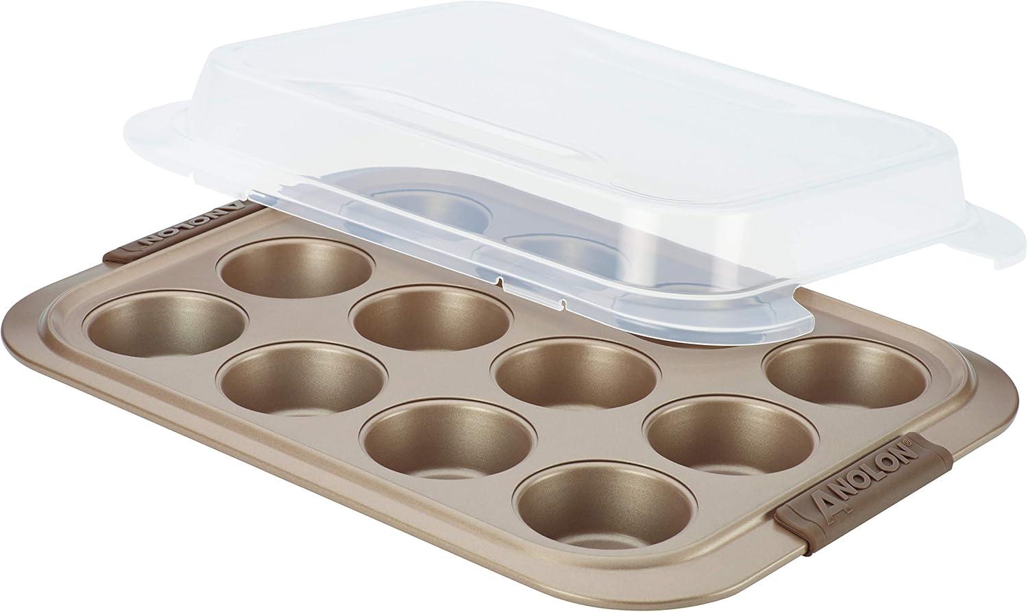 Anolon Anolon Advanced Bakeware 12-Cup Nonstick Muffin Pan with Silicone Grips and Lid, Bronze