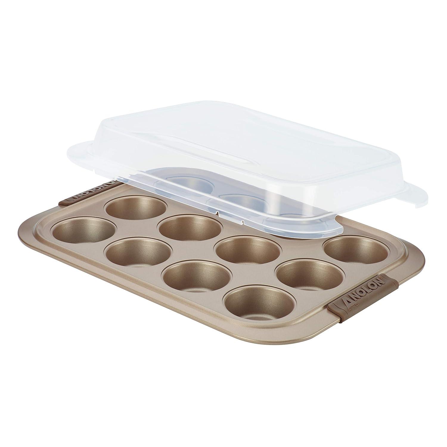 Anolon Anolon Advanced Bakeware 12-Cup Nonstick Muffin Pan with Silicone Grips and Lid, Bronze