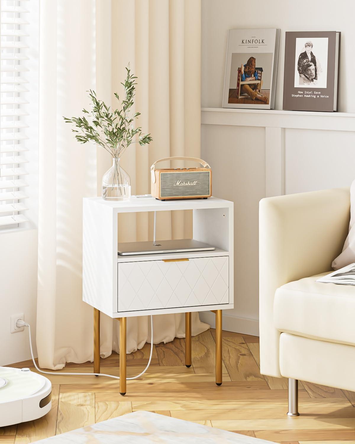 White and Gold Modern Nightstand with Drawer and Shelf