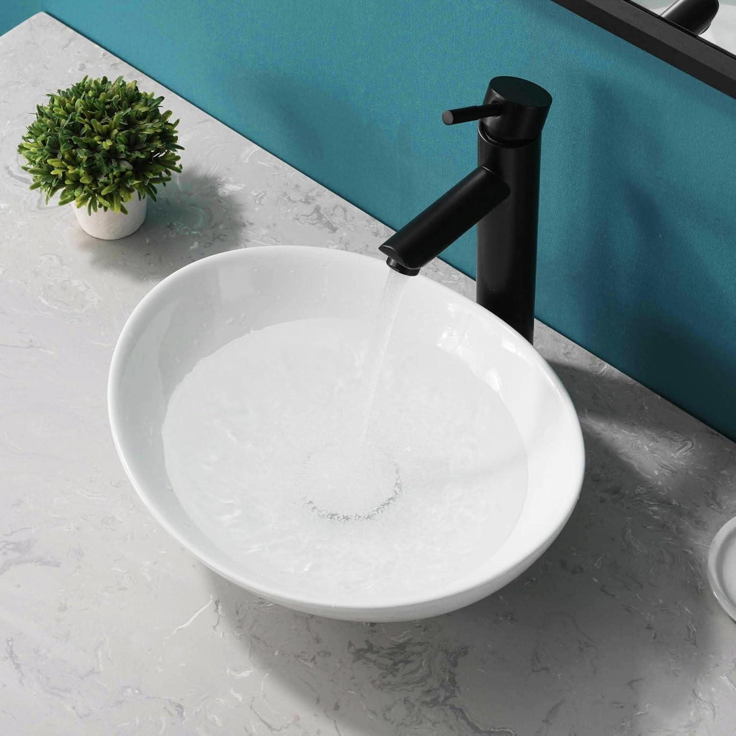Bathivy Oval Vessel Sink, 14.6'' x 11.6'' Modern Above Counter Oval Bathroom Sink, Small White Porcelain Bathroom Vessel Sink with Pop Up Drain