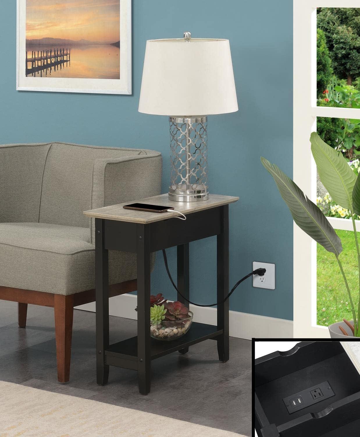 Convenience Concepts American Heritage Flip Top End Table with Charging Station, Faux Birch/Black