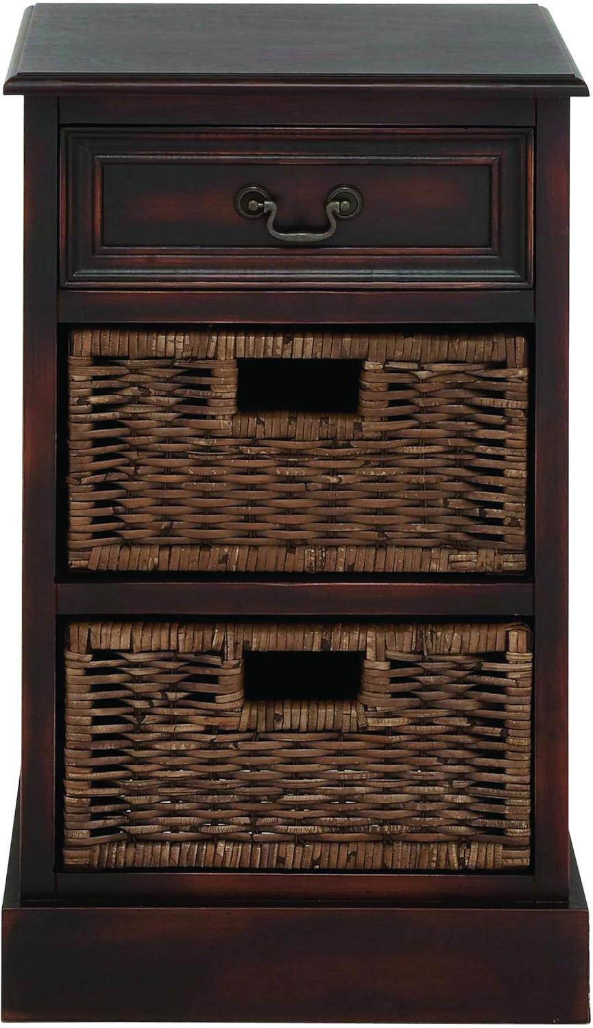 Dark Brown Wood Side Chest with Jute Baskets and Drawer