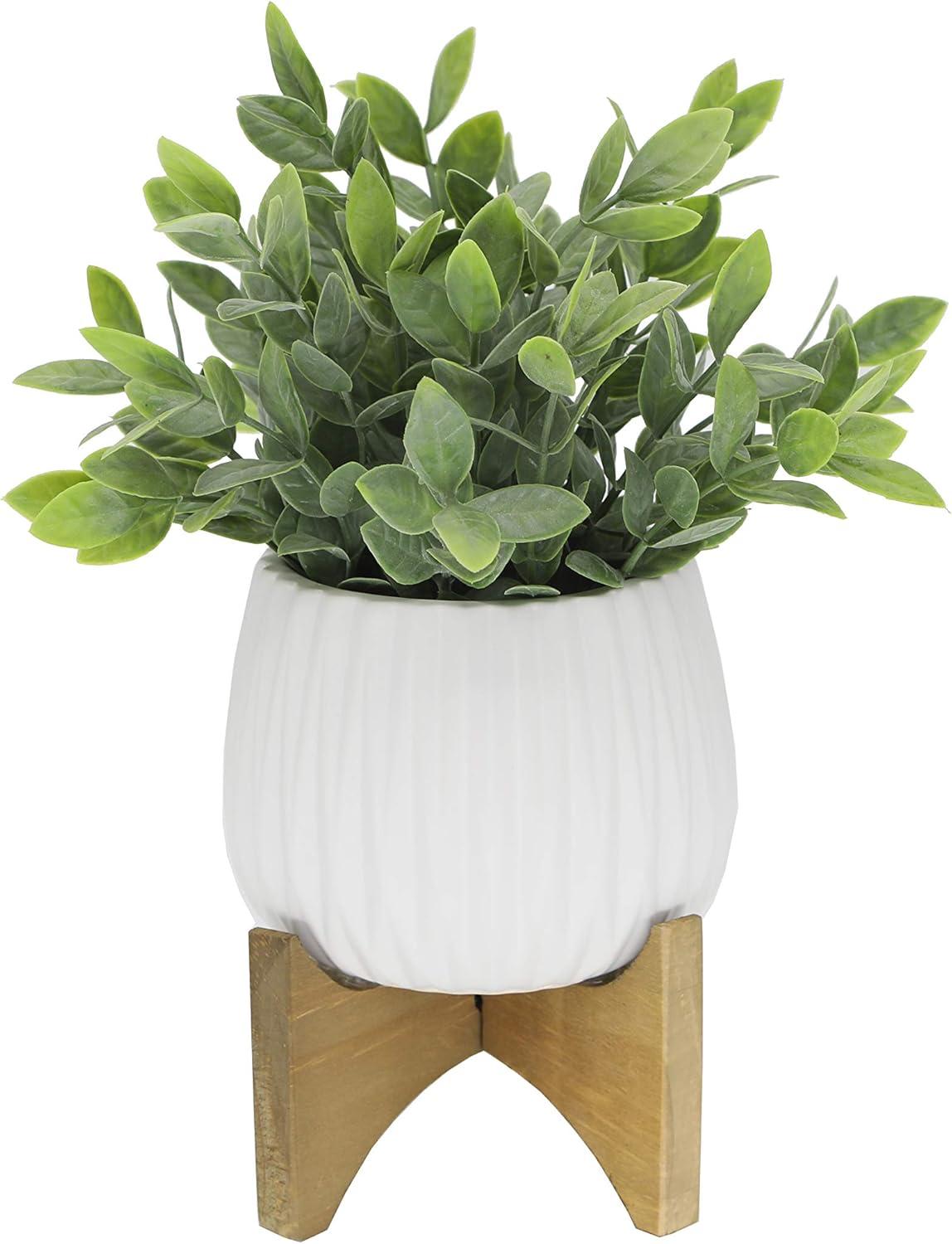 Artificial Plant Tea Leaf in 5 in Ridge Ceramic Pot on Wood Stand,Matte White