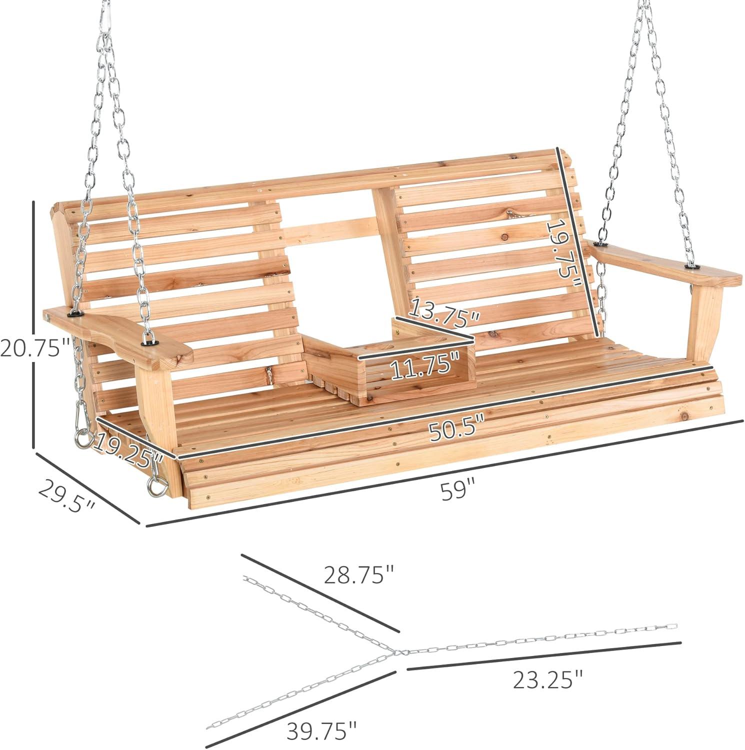 Outsunny 3-Seater Wooden Porch Swing, Patio Swing Bench with Folding Coffee Table, Cup Holders and Chains Included, 440lbs Weight Capacity, Natural